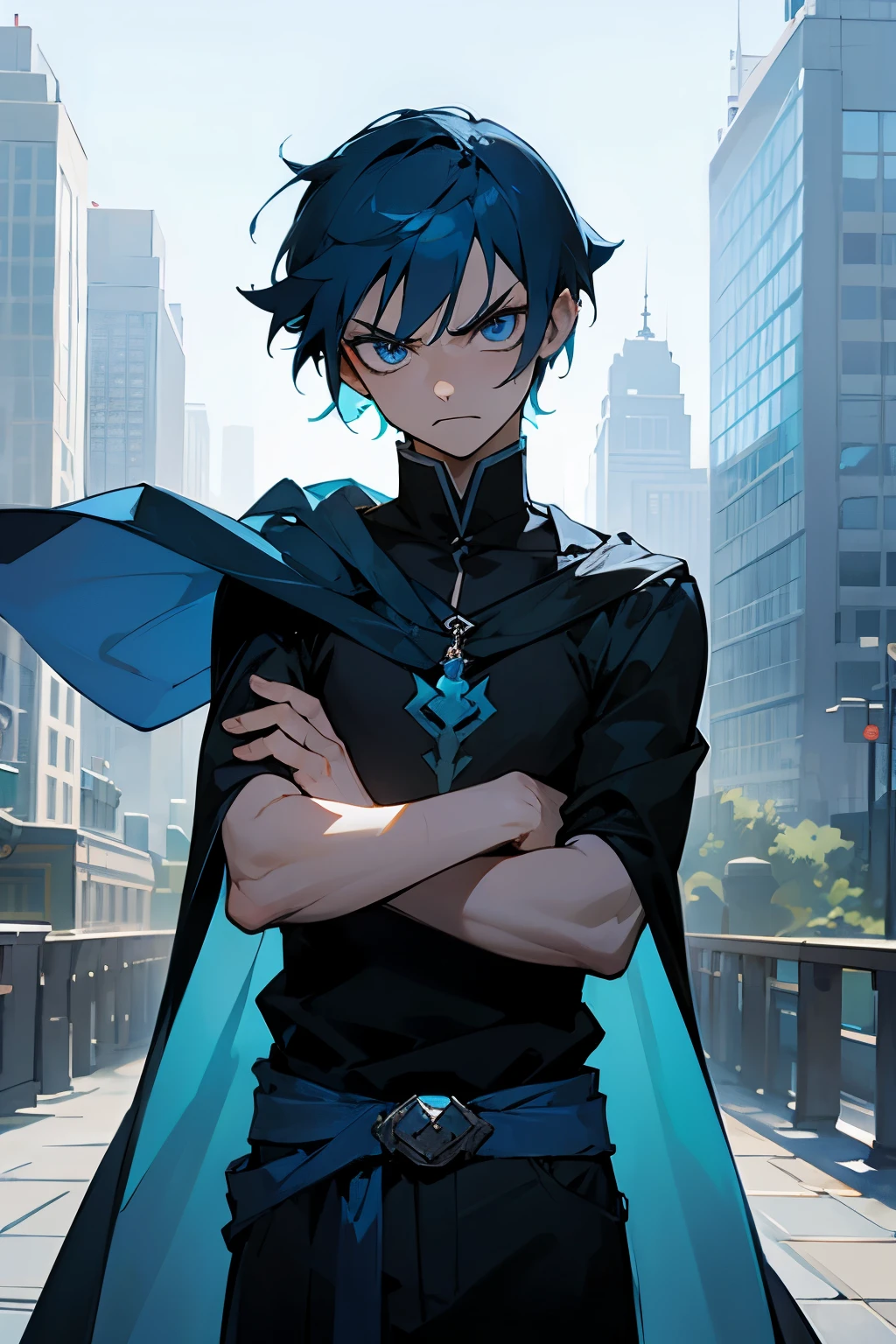 avatar, blue hair, young male,city backgorund, baby blue cape, blue eyes, black shirt, short hair, arms crossed,angry