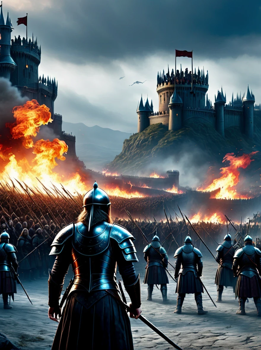 Tips for generating high-quality images of epic battle scenes from TV series "game of Thrones" will:
"epic battle scene, Medieval warrior fights war dragon, Armored knights fighting with swords, Archer shoots arrows, Burning battlefield, crumbling castle walls, dramatic lighting, smoke and fire, best quality, 4K resolution, Super detailed, actual:1.37, high dynamic range, bright colors, professional, concept art, Moody tones, unforgettable atmosphere, epic score"