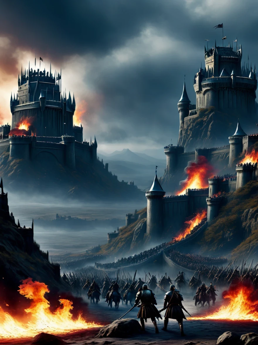 Tips for generating high-quality images of epic battle scenes from TV series "game of Thrones" will:
"epic battle scene, Medieval warrior fights war dragon, Armored knights fighting with swords, Archer shoots arrows, Burning battlefield, crumbling castle walls, dramatic lighting, smoke and fire, best quality, 4K resolution, Super detailed, actual:1.37, high dynamic range, bright colors, professional, concept art, Moody tones, unforgettable atmosphere, epic score"