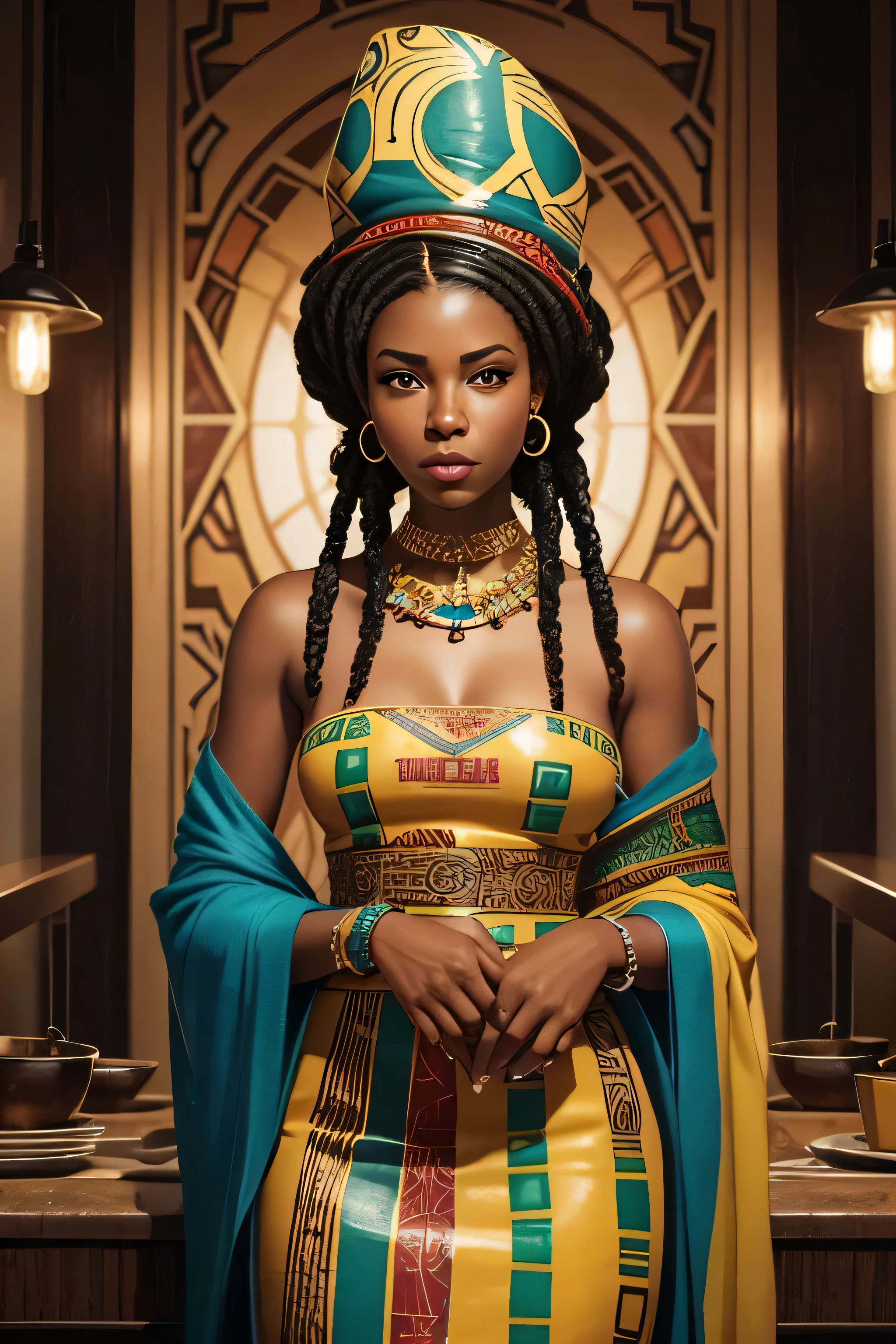 create stunning concept art and illustration of lady  of african american , standing in resturant tile on head , painting , fashion illustraion , with beads on the neck, good hands, face and body.
