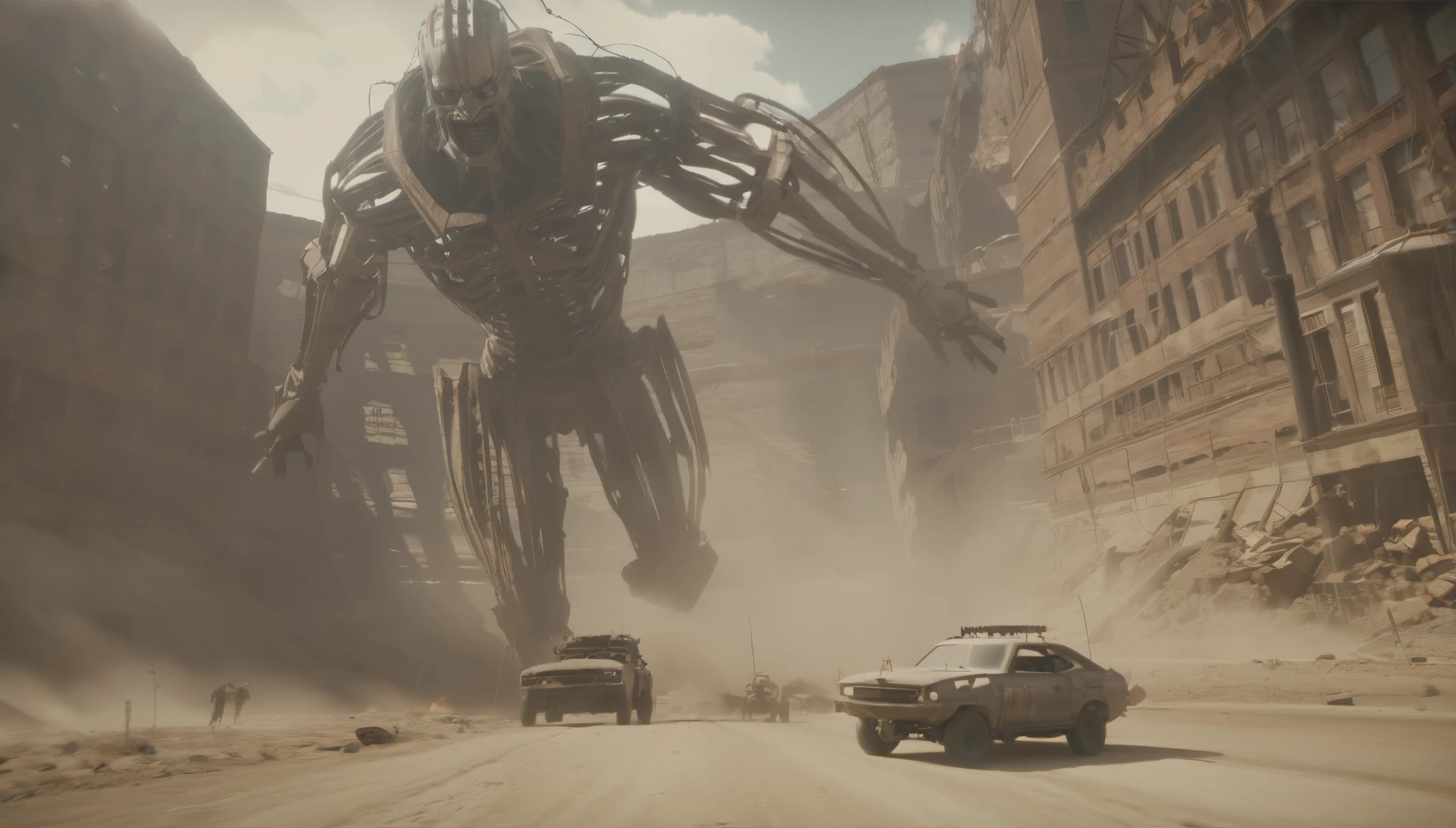 Breathtaking graphics from the Attack on Titan universe, filming epic races on cars from Mad Max against the backdrop of wasteland and canyons near industrial plants , breathtaking scenery, and impressive lighting effects, that create impressive visual experiences.