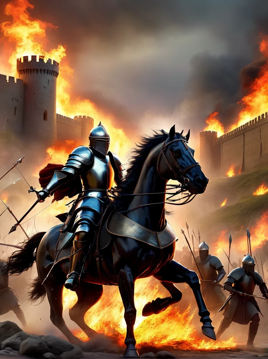 Tips for generating high-quality images of epic battle scenes from TV series "game of Thrones" will:
"epic battle scene, Medieval warrior fights war dragon, Armored knights fighting with swords, Archer shoots arrows, Burning battlefield, crumbling castle walls, dramatic lighting, smoke and fire, best quality, 4K resolution, Super detailed, actual:1.37, high dynamic range, bright colors, professional, concept art, Moody tones, unforgettable atmosphere, epic score"