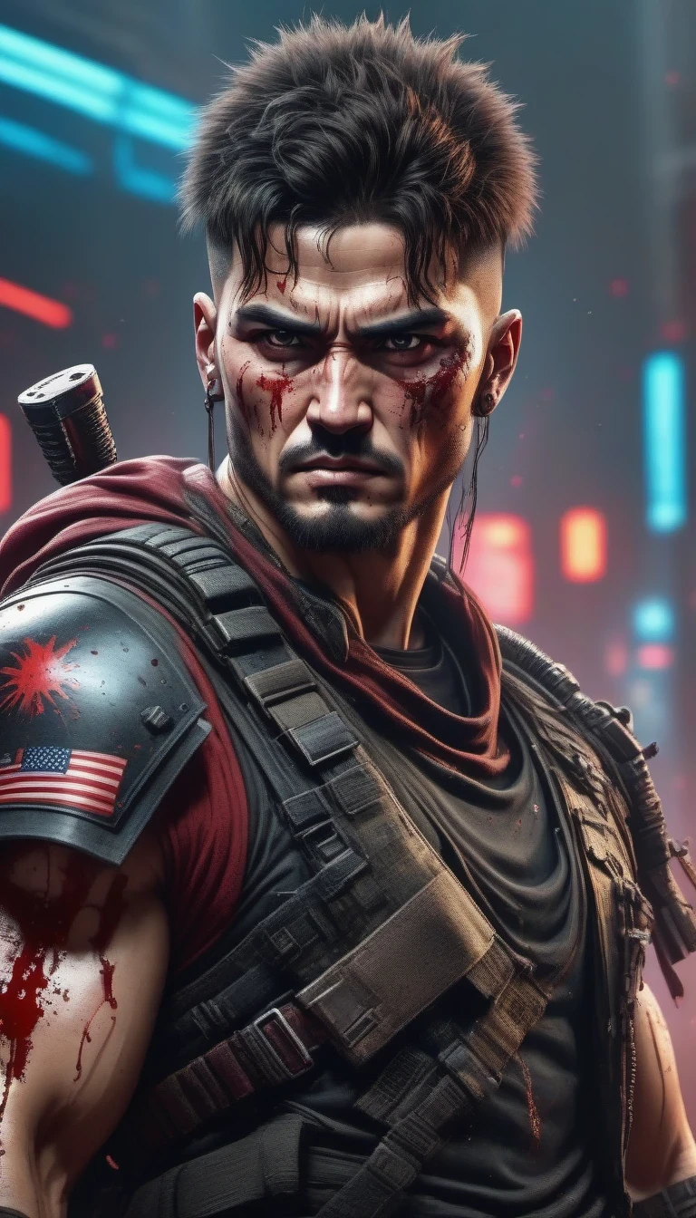 sh4g0d风格赛博朋克战士,(Strong dynamic stance:1.5)，(struggle:1.3)，(blood spatter)，Strong，His face is very determined，On the war zone，battle flag background， 8k, super detailed, precise, best quality