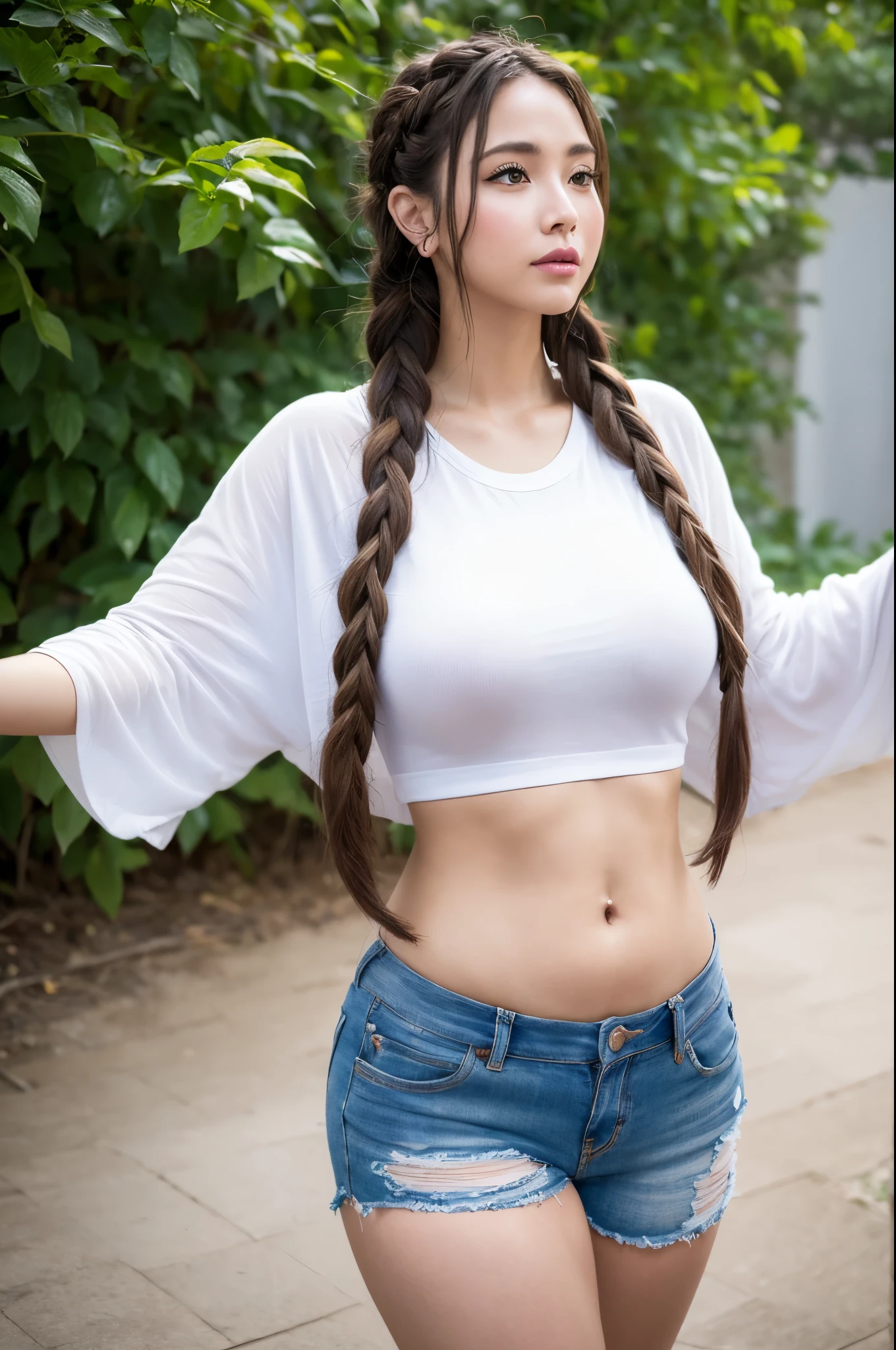 melhor qualidade, obra de arte, lindo, Mulher indiana nova, Vila, looking directly at the viewer wearing a small wet white shirt and short pants, paisagem de rio e montanha, sentado na pedra, Adolescence, rosto detalhado, corpo detalhado, symmetrical face, rosto fofo, Dynamic Pose, anatomia perfeita, tattooed hands, Tatuado, fotorrealista, barriga fina e macia, curvy body, Braided hair, 8K, ultra realistic, fundo detalhado, natureza, raios de deus, ambient occlusion