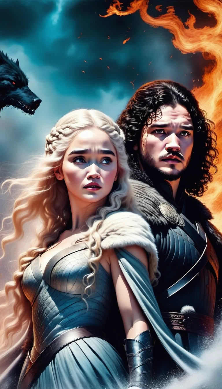 game of Thrones，Jon Snow and Daenerys Targaryen, 两个人面opposite side, The decisive moment，showdown，be opposed to，fighting，opposite side，Epic fantasy digital art style, Beautiful science fiction myth, fire and ice, epic fantasy art style, epic fantasy art style HD, Symmetric epic fantasy art, Graphic artist Magalivilleneuve, Alaina Akhenami (Alaina Enami) and atjem, Ross Painting 2. 0