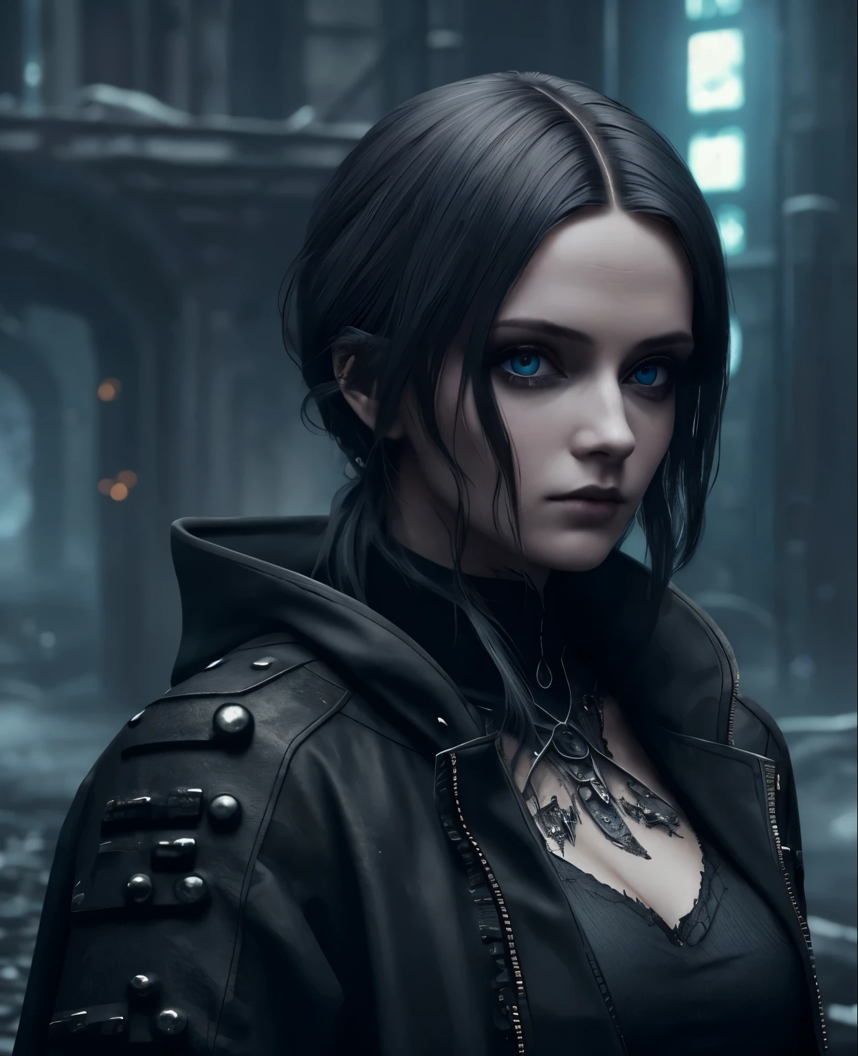 A cyberpunk woman from Russia as a Hogwarts character,obra de arte, melhor qualidade, olhos azuis como oceano, cabelo preto e longo, e pele clara, realista, e uma cicatriz no olho direto. gothic 