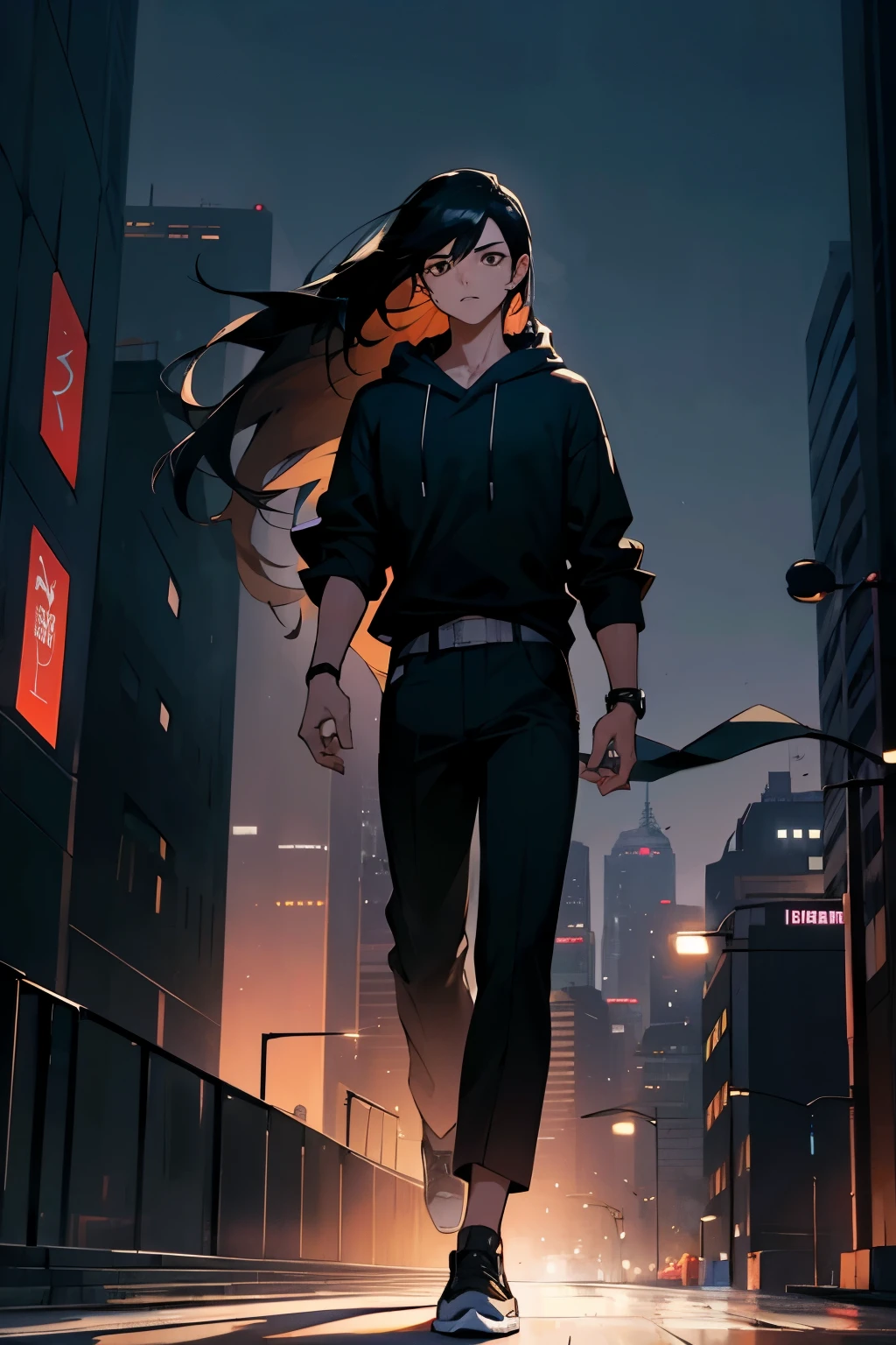 avatar, black hair, young male,city backgorund, brown eyes, black shirt, long hair, walking, white jordans, night time, black hood, night time
