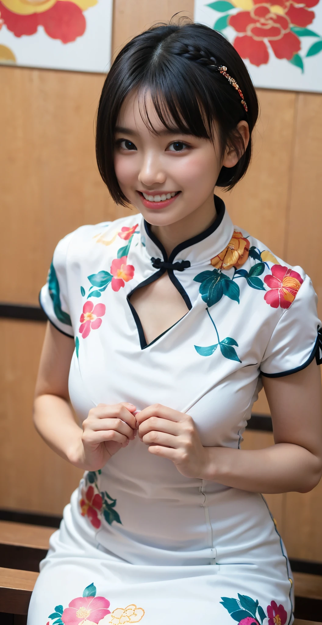 (8k、Raw photography、highest quality、masterpiece:1.2),(black haired、very short hair:1.8),(twin mitsu braid:1.4)、show viewer,Looking at the front,erotic,white skin,(Wearing a brightly colored Chinese dress with a floral pattern:1.7)、()、(Clothing that emphasizes the shape of your chest、publish one'skin of:1.6)、(big breasts :1.2)、slim body shape、ultra high resolution,beautiful,beautiful fece,(alone、no background:1.9),whole bodyボディー,japanese woman,(Photoreal:1.37)、photon mapping,reality、(Baby-faced and cute: 1.0)、(cute smile: 1.7)、(With a round face: 1.7)、radio city、Physically based rendering、depth of field rally background、photograph, (I can see your knees,close up of thighs:1.5),whole body、super fine
