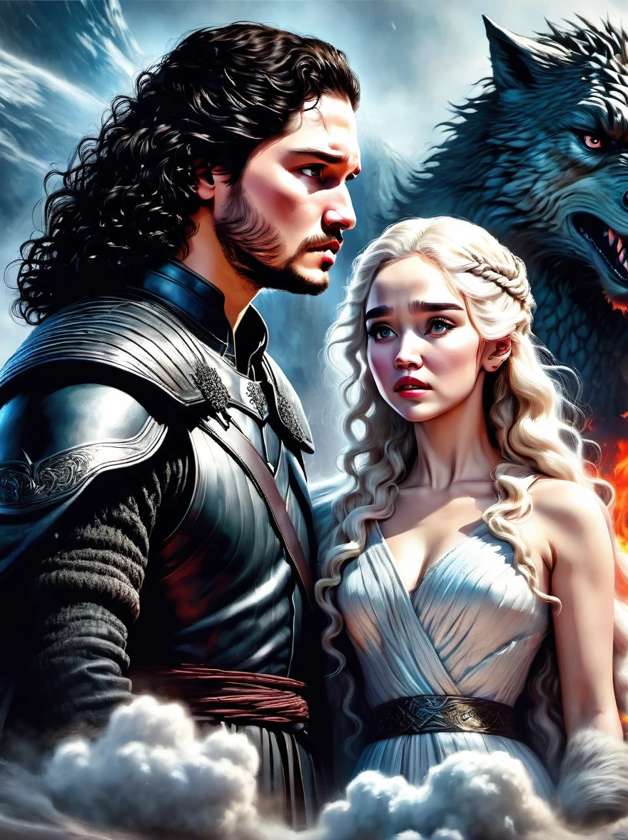 game of Thrones,Jon Snow and Daenerys Targaryen, 两个人面opposite side, The decisive moment,showdown,be opposed to,fighting,opposite side,looking at each other,Epic fantasy digital art style, Beautiful science fiction myth, fire and ice, epic fantasy art style, epic fantasy art style HD, Symmetric epic fantasy art, Graphic artist Magalivilleneuve, Alaina Akhenami (Alaina Enami) and atjem, Ross Painting 2. 0