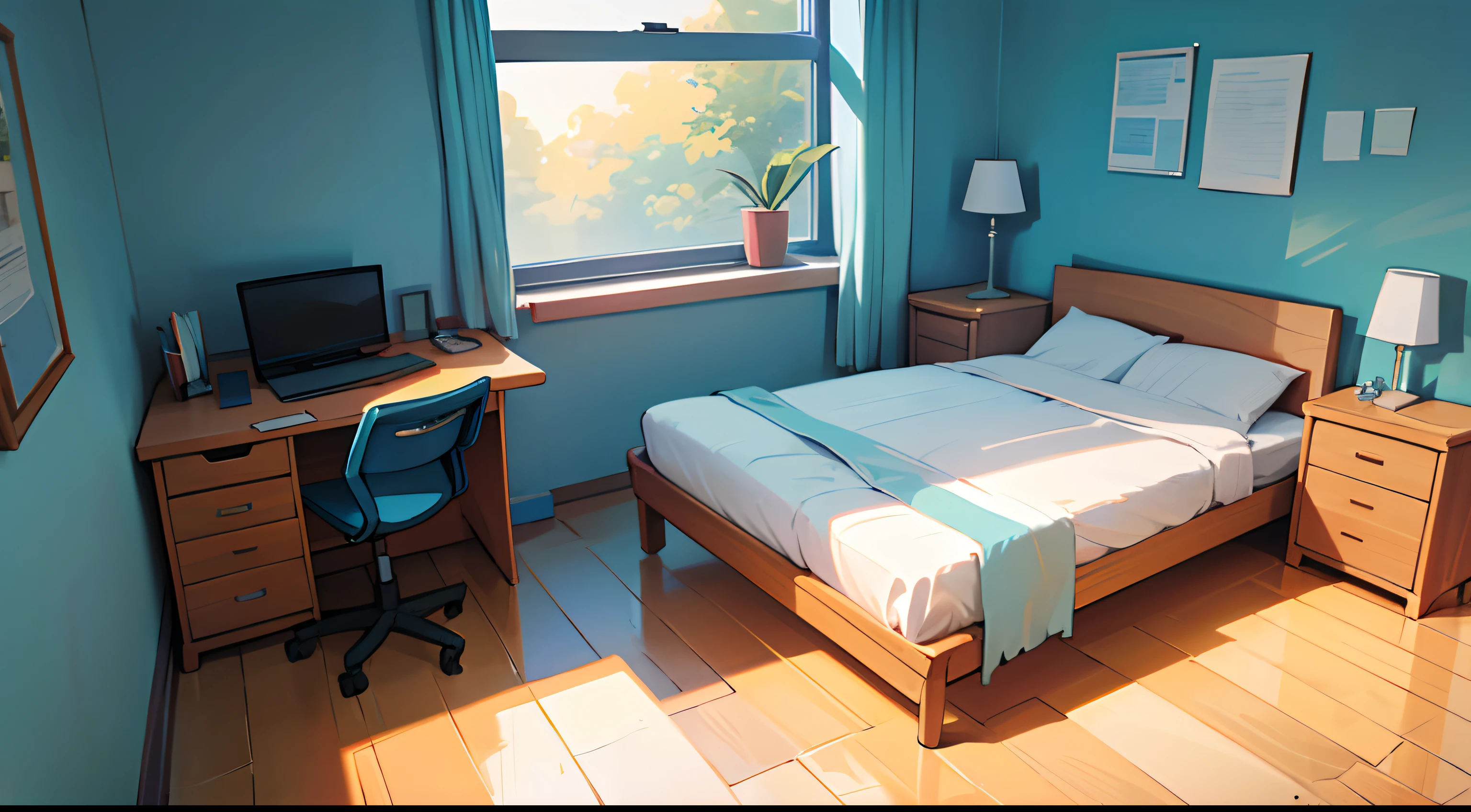 Quarto de estudante, cama, There is a table next to, There is a laptop on the table