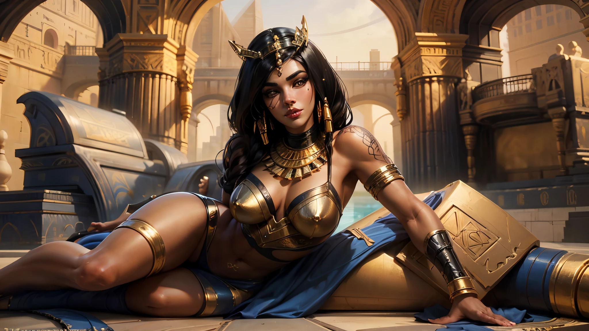 hyper realistic, highly detailed masterpiece of beautiful Egyptian queen laying on her thrown in her egyptian palace, Pharah from Overwatch, curvy thick body , tanned skin , black braided hair, golden accessories, jewelries, egyptian crown, cheek tattoo, muscular body shape , white nuisette , seductive look , provocative grin, makeup