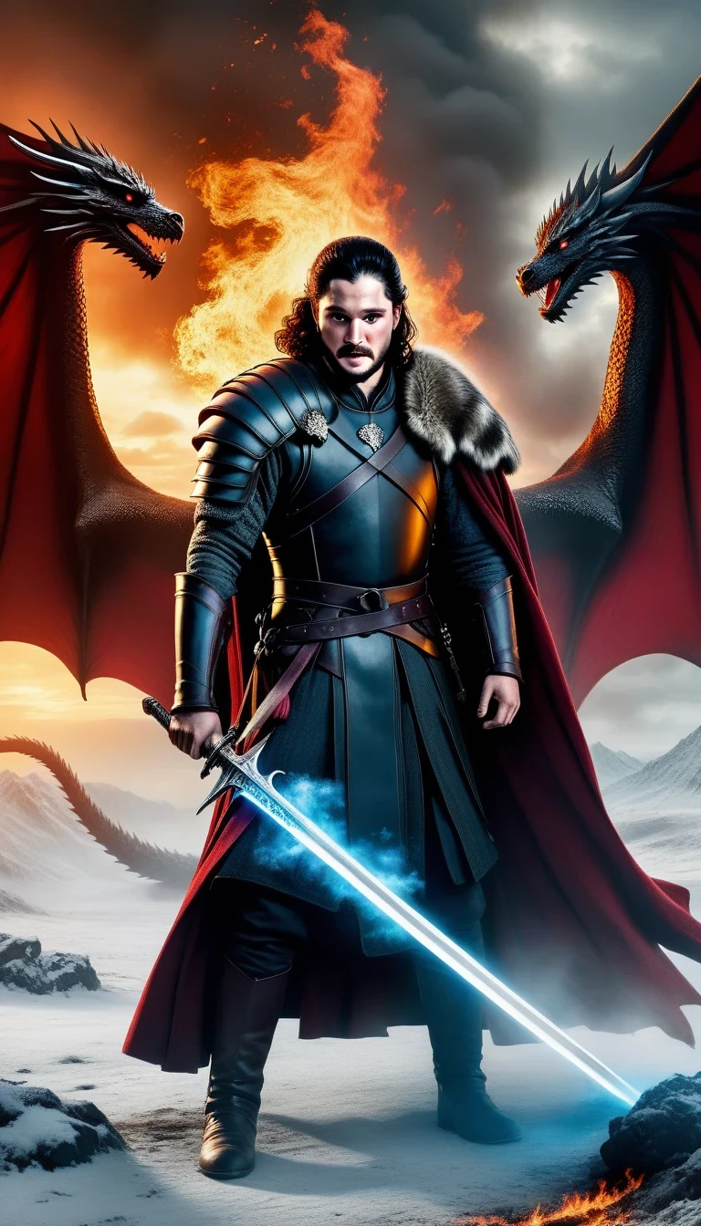 (best quality,4k,8k,high resolution,masterpiece:1.2),Super detailed,(actual,photoactual,photo-actual:1.37),daenerys targaryen,Jon Snow,epic battle,intricate details, intense action,dragon fire,strong determination,ominous skies,War-torn landscape,heroic gesture,
dramatic lighting,dragon scale, Targaryen Coat of Arms, Jon&#39;s Valyrian Steel Sword, intense expression, smoke and ashes, snow covered ground, Blood stained armor, Wind, About to win,
bright colors, dark and gritty tones, fire red, cold blues, gray gray, golden highlights, hazy atmosphere, epic fantasy style.