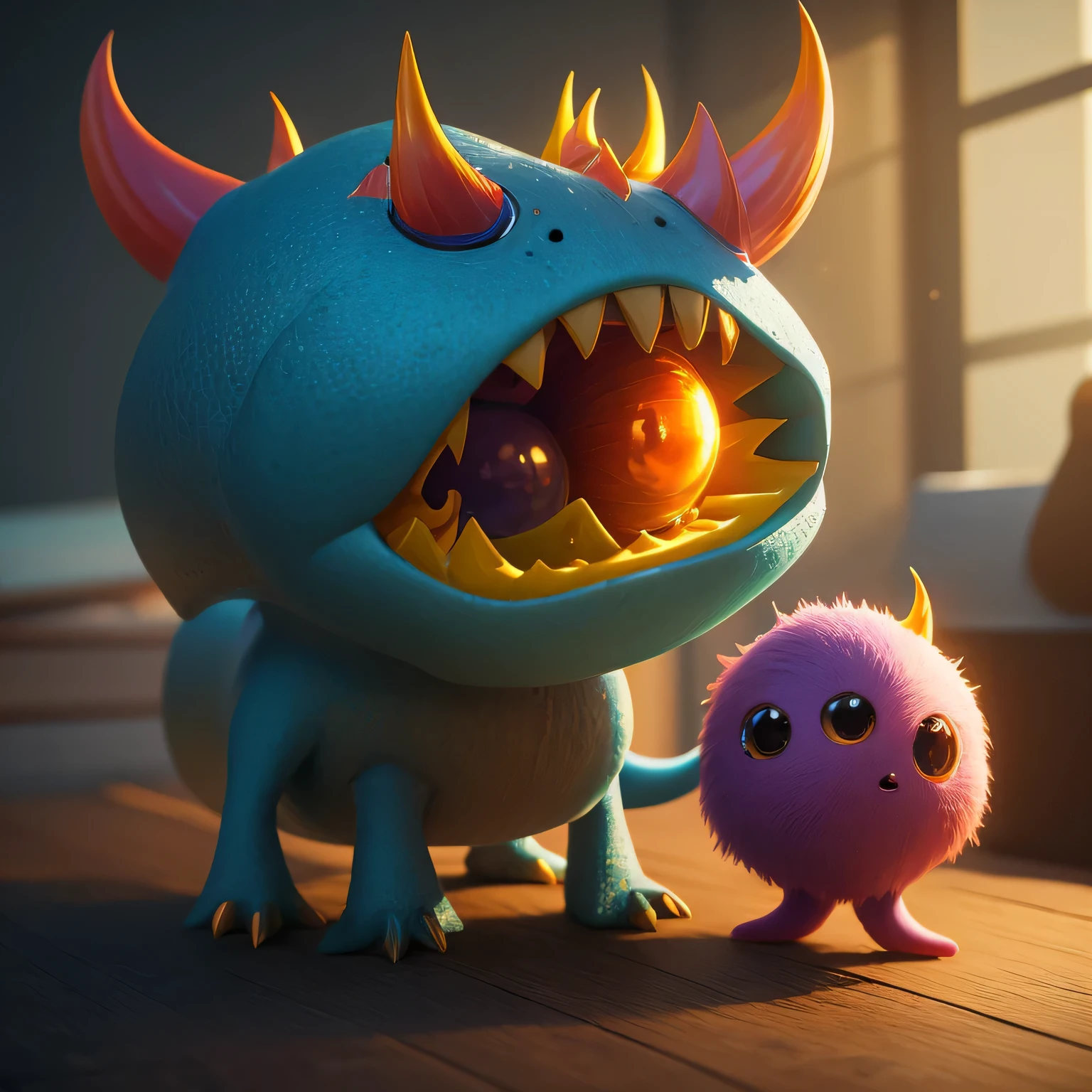 Generate a high-quality 3D image of cute monsters using advanced rendering and modeling techniques.
Use the following software for creation: 3DS Max, SketchUp, SolidWorks, AutoCAD, Blender, Vectary, MeshMixer, and Unreal Engine 5.
Apply photon mapping, radiosity, and physical rendering techniques with automatic white balance for realistic lighting.
Create a cinematic lighting setup with a slightly intensified twilight effect.
Ensure the final image has a soft focus effect, but remains ultra-detailed and realistic.
The artwork should not be based on a specific photograph.
Evoke a sense of technology and high-quality craftsmanship, reminiscent of a masterpiece of illustration and CG art.
Include elements of unity, wallpaper, and official art in the composition.
Present fine details, extreme delicacy, and beauty, with sharp focus and a high level of detail.
Render the woman's hair with detailed fringes.
Render the final image with a black background and a plain background.
Do not include any watermark or text overlays in the generated image.