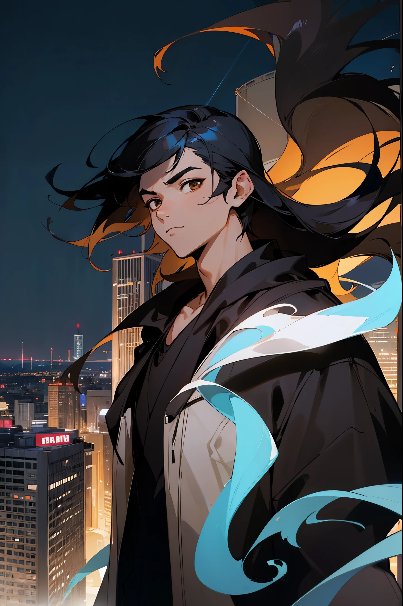 avatar, black hair, young male,city backgorund, brown eyes, black shirt, long hair, white jordans, night time, black hood, night time