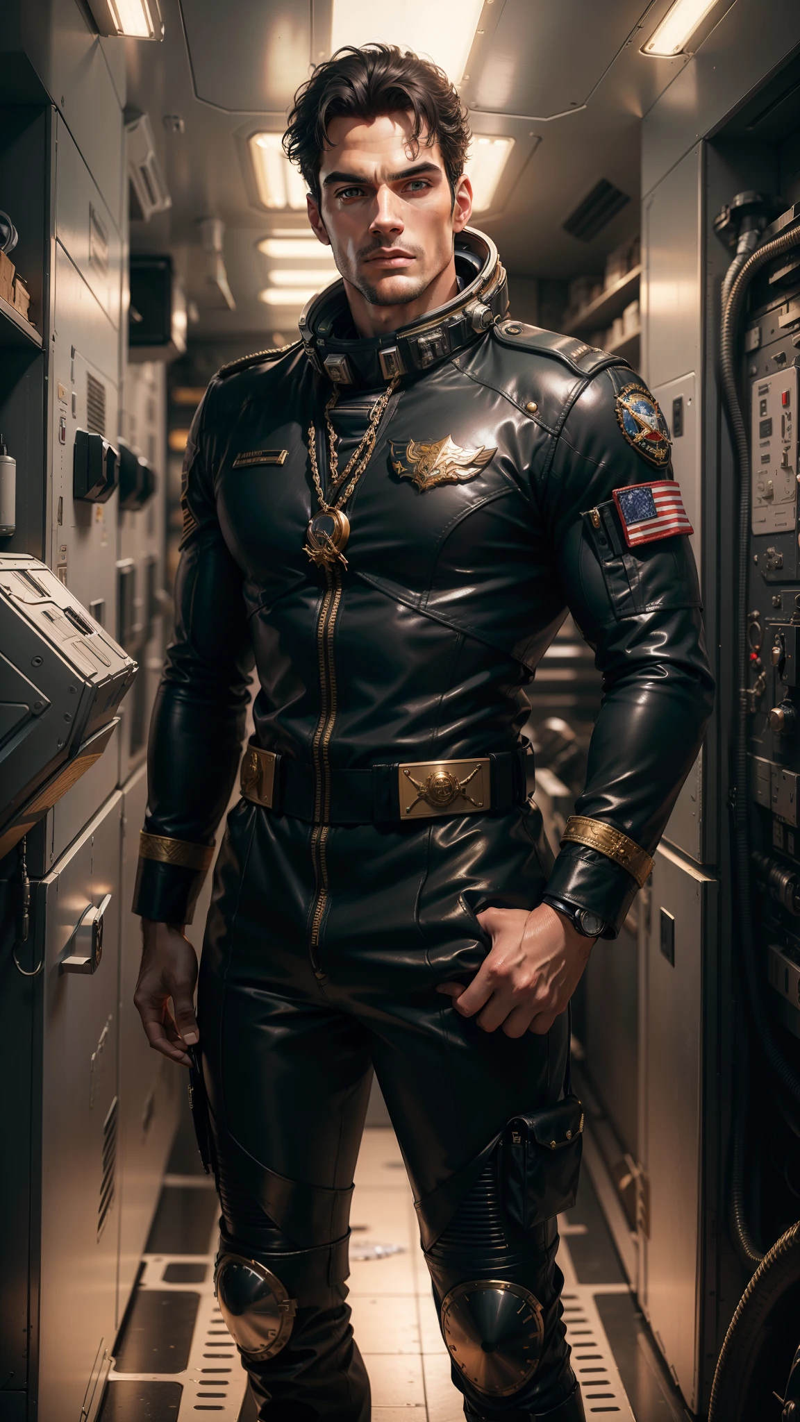 ((photorealism, high quality, detail, masterpiece, best quality:1.2)), (whole body) European strongman (40 years old), (appearance of Henry Cavill) attractive facial features, black short hair and gray eyes, strong build, tanned skin, (((black military flight suit (uniform) made of fabric (leather))), ship commander ((admiral of the space fleet)), advanced spacecraft, dynamic composition, bright colors, sci-fi atmosphere,