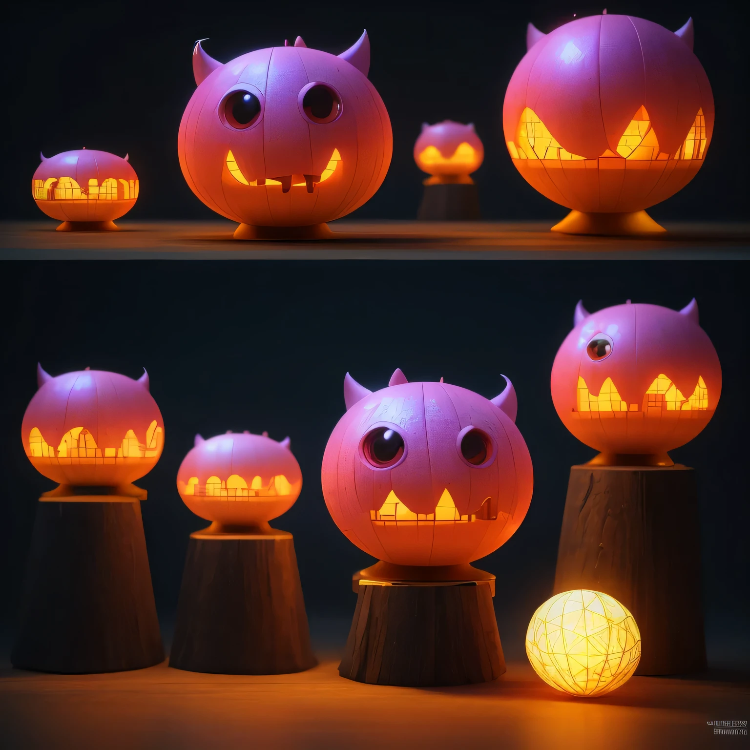 Generate a high-quality 3D image of cute monsters using advanced rendering and modeling techniques. Use the following software for creation: 3DS Max, SketchUp, SolidWorks, AutoCAD, Blender, Vectary, MeshMixer, and Unreal Engine 5. Apply photon mapping, radiosity, and physical rendering techniques with automatic white balance for realistic lighting. Create a cinematic lighting setup with a slightly intensified twilight effect. Ensure the final image has a soft focus effect, but remains ultra-detailed and realistic. The artwork should not be based on a specific photograph. Evoke a sense of technology and high-quality craftsmanship, reminiscent of a masterpiece of illustration and CG art. Include elements of unity, wallpaper, and official art in the composition. Present fine details, extreme delicacy, and beauty, with sharp focus and a high level of detail. Render the woman's hair with detailed fringes. Render the final image with a black background and a plain background. Do not include any watermark or text overlays in the generated image.