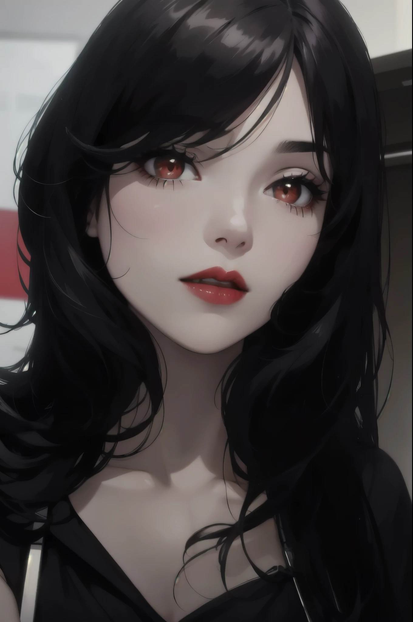 a close up of a woman with long black hair and a red lipstick, red lips, with pale skin, very very low quality picture, thick red lips, very pale white skin, very very pale white skin, pale goth beauty, very very very pale white skin, faint red lips, profile image, extremely pale white skin, pale white skin, pale fair skin!!