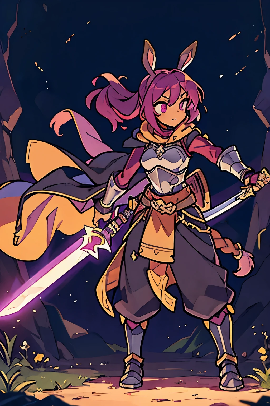 brown skin girl. Her figure, busty, curvy, proper direction, bunny ears, cat tail, Magenta hair color, dark magenta eyes, brown skin, sword in hand, large ragged cloth like cape wrapped around waist, chest armor, gauntlet, black long sleeve shirt under armor, chest armor, hoodie, properly drawn sword, magic sword, cloth wrapped around her waist, properly drawn sword in hand, bunny ears, cat's tail digital painting, digital illustration, extreme detail, digital art, Knight Armor, baggy puffy pants, metal boots, fully armored. cloth wrapped around her waist. Hold a sword. Baggy pants. knight armor