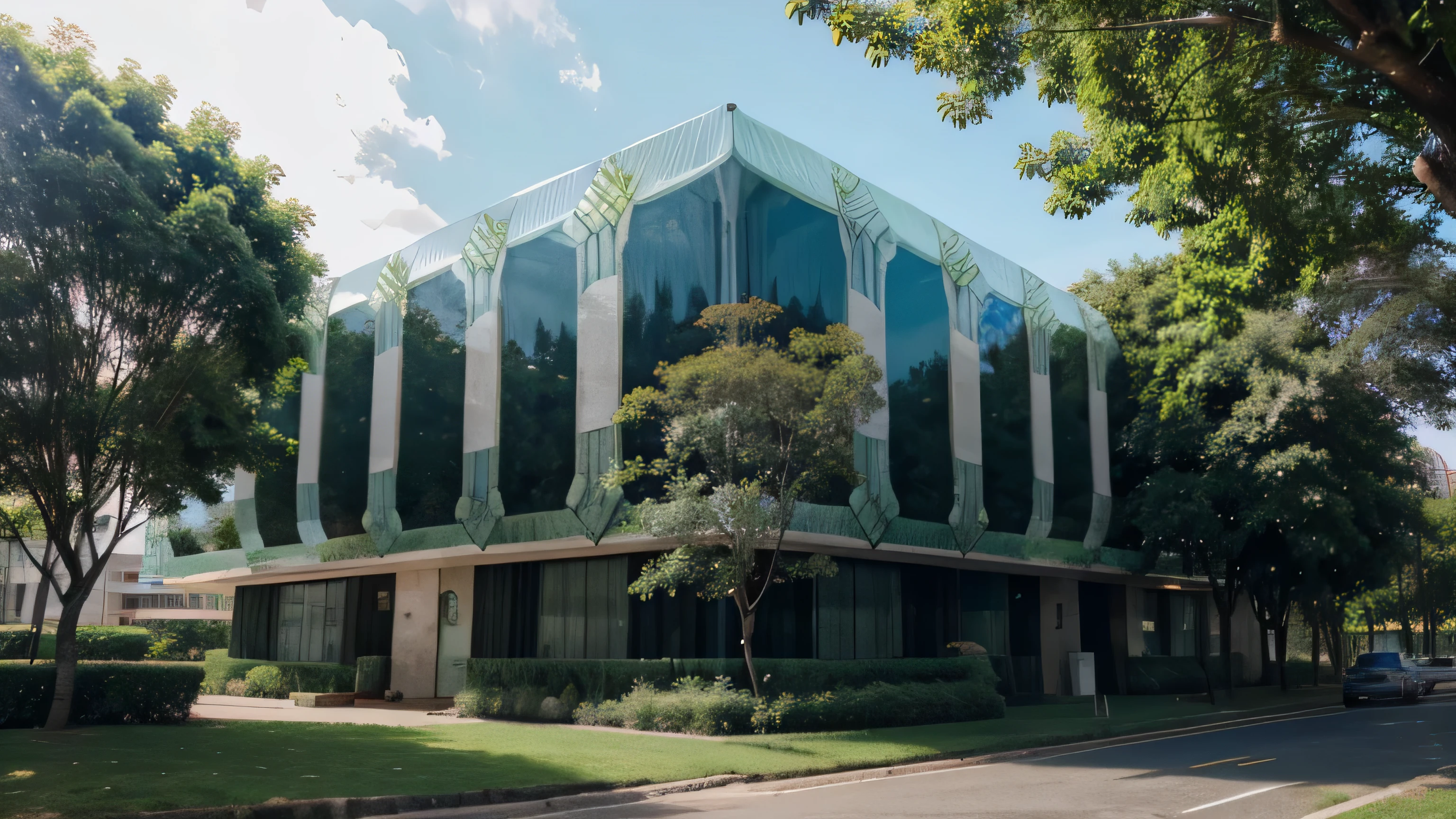 mundo futurista, edificios hechos de cristal, naturaleza verde, trees growing on buildings