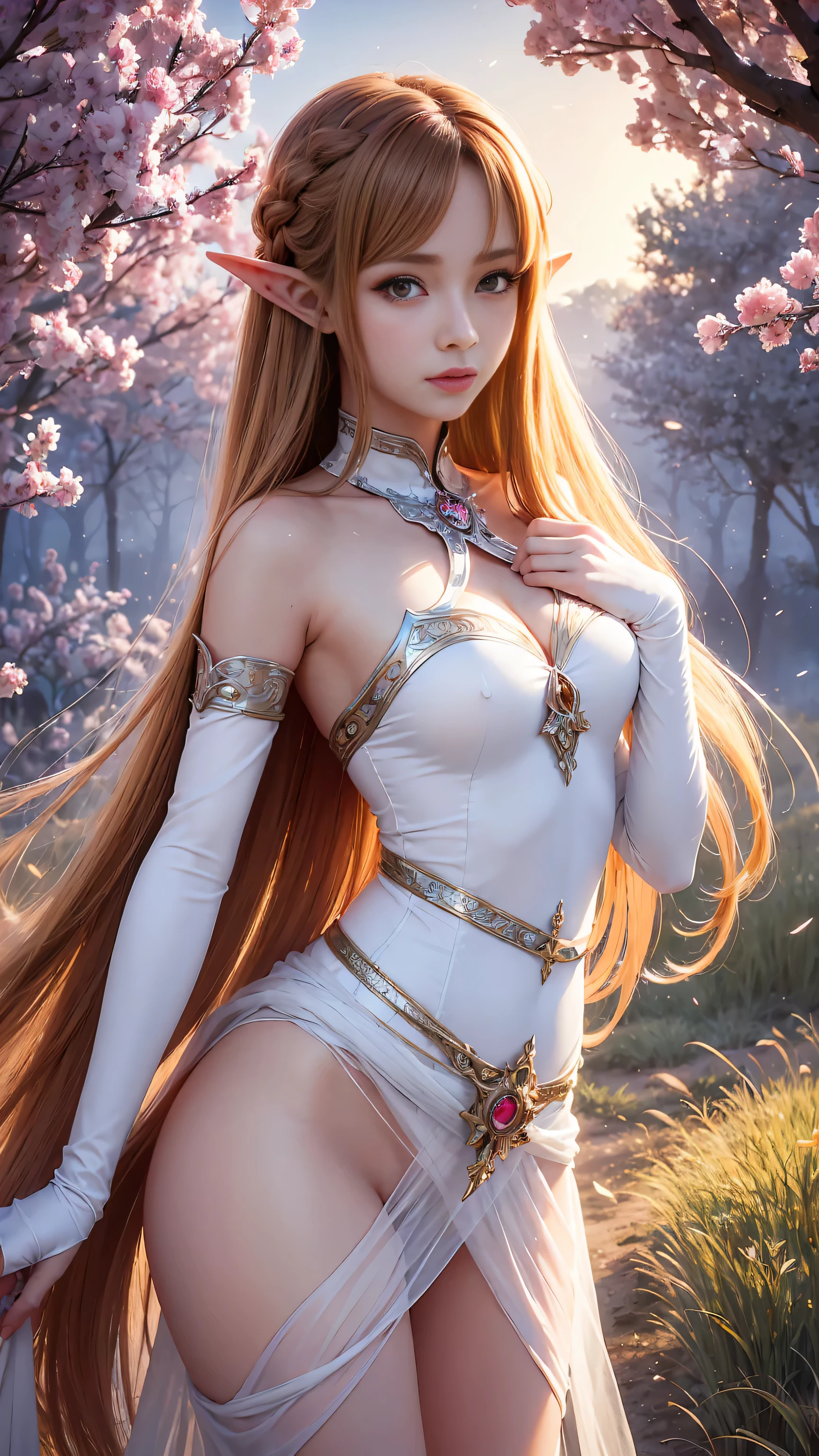 A graceful elf girl stands in a meadow, her delicate features illuminated by the soft light of the setting sun. Her long, flowing hair cascades down her back, adorned with intricate braids and adorned with sparkling jewels. This stunning painting captures the ethereal beauty of elves. Her slender figure in a silk dress sways in the soft meadow breeze. The artist's attention to detail is evident in the intricate patterns of her dress and the subtle highlights of her luminescence. skin. This breathtaking depiction of an elf girl exudes a sense of enchantment and transports the viewer to a magical world. The beautiful elf magician is awe-inspiring as she holds a magician's staff, uses fireball magic, and is about to defeat the Demon King with explosion magic., If you pull up your skirt, you can see your see-through panties and it will be embarrassing., (A superb exquisite Asuna Yuuki),(Asuna Yuuki:1.5), long hair, brown hair, streaked hair, brown eyes, star-shaped pupils, straight bangs, solo, nature, extremely delicate, straight facial features, peerless beautiful girl, soft, (sensual face), ((ecchi face)), dreamy quality, exaggerated facial features, solid color, frank holly, delicate face, bright lips, slender waist, soft curves, real light and shadow, super fine, 4k, natural moving, Ultra high resolution, (masterpiece:1.2, best quality), (finely detailed beautiful eyes: 1.2), (beautiful detailed face), detailed anime artwork, clean detailed anime art, detailed digital anime art, detailed anime art, beautiful anime portrait, beautiful anime girl, beautiful anime artwork, beautiful anime art, beautiful anime style, detailed portrait of anime girl, anime girl, beautiful anime, anime illustration,Medium chest, slender body,