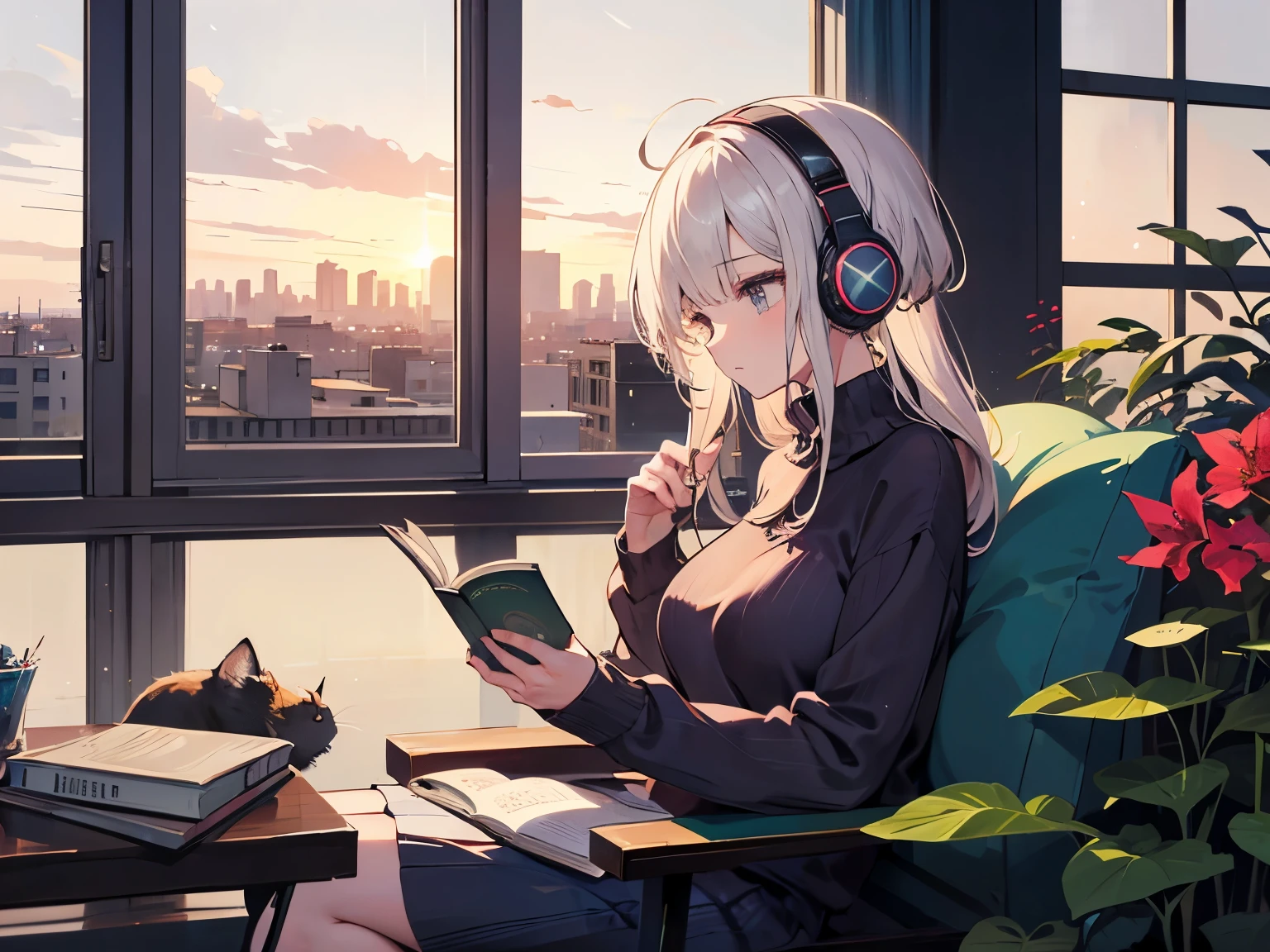 A detailed anime girl, wearing a large sweater, wearing headband headphones, lofi, tranquil, quiet vibes, chilling, in her living room reading, A large window with a view over the city, city skyline visible outside, quiet night, cat, masterpiece, best quality, big sunflowers, ficus, bougainvillea, flowers, books