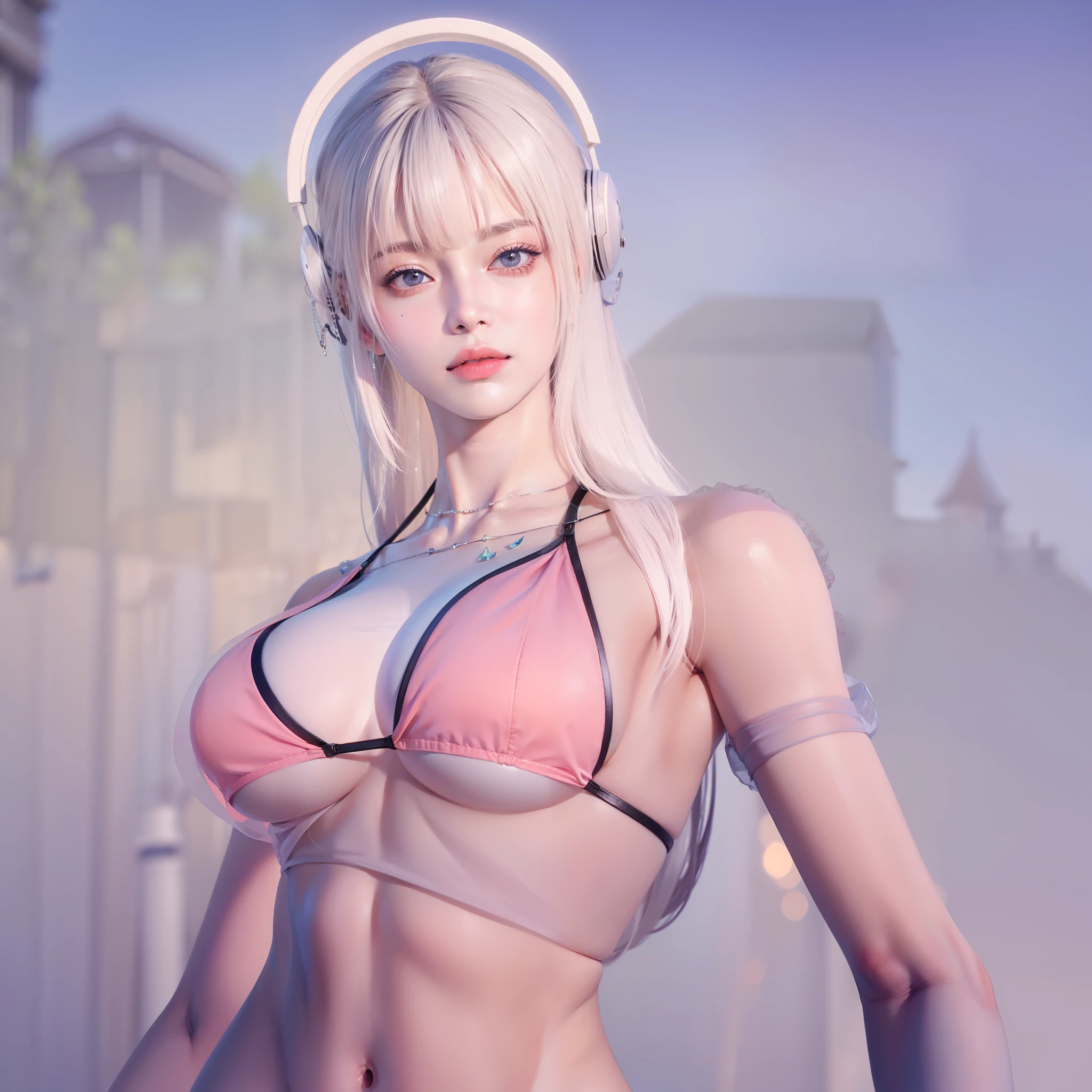 il y a une femme avec des écouteurs qui pose pour une photo, en tant que personnage de tekken, morts ou vivants 6, Tifa Lockhart aux cheveux blancs, seductive anime girl, art cg anime lisse, photorealistic rendering&#39;une fille animée, art du personnage de rendu 3D 8 k, rendu d&#39;avril, mort, tendance sur cgstation, jeu cg, beautiful seductive anime woman