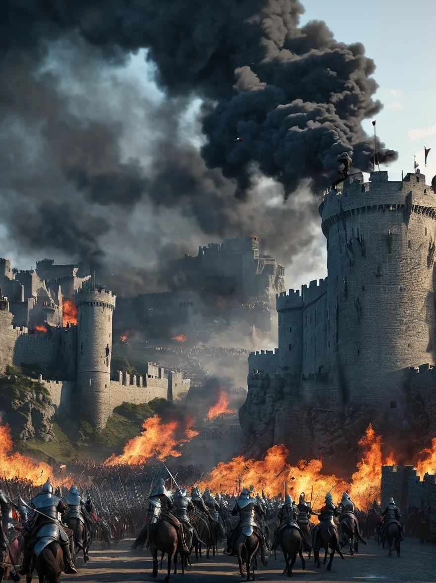 Tips for generating high-quality images of epic battle scenes from TV series "game of Thrones" will:

"epic battle scene, Medieval warrior fights war dragon, Armored knights fighting with swords, Archer shoots arrows, Burning battlefield, crumbling castle walls, dramatic lighting, smoke and fire, best quality, 4K resolution, Super detailed, actual:1.37, high dynamic range, bright colors, professional, concept art, Moody tones, unforgettable atmosphere, epic score"