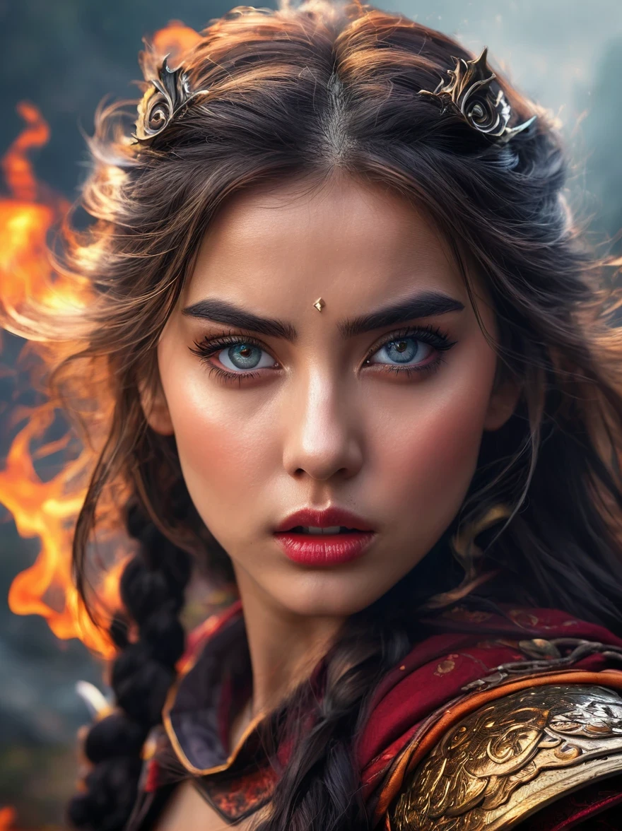 (a girl,2 girls),delicate eyes,Detailed lips,extremely delicate eyes and face,long eyelashes,(epic,fiercely,heroic) battle scene,exquisite clothing,(intense, fiercely, robust, dramatic) expression,sword clash,magic,roaring dragon,fireworks,High adrenaline fight,(fantasy,imaginary) world,fairy tale creatures,mystery生物,(dark,inauspicious) atmosphere,dramatic lighting,high contrast,(epic, majestic) landscape,EnchantingForest,craggy mountains,inauspicious sky,(Energetic,rich) color,Highly detailed props,(magic, mystery) element,Art illustration or oil painting style,high resolution,Super detailed,professional,sharp focus,Bokeh