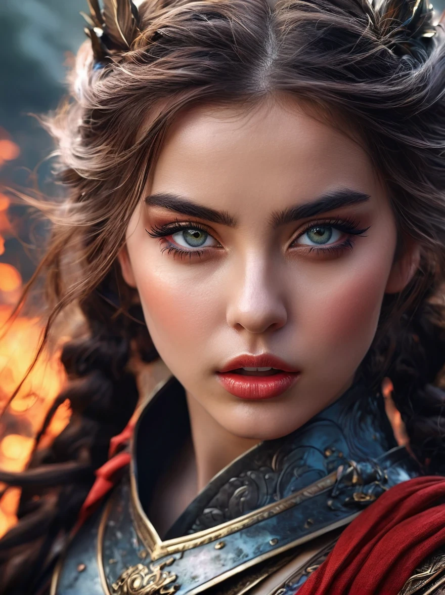 (a girl,2 girls),delicate eyes,Detailed lips,extremely delicate eyes and face,long eyelashes,(epic,fiercely,heroic) battle scene,exquisite clothing,(intense, fiercely, robust, dramatic) expression,sword clash,magic,roaring dragon,fireworks,High adrenaline fight,(fantasy,imaginary) world,fairy tale creatures,mystery生物,(dark,inauspicious) atmosphere,dramatic lighting,high contrast,(epic, majestic) landscape,EnchantingForest,craggy mountains,inauspicious sky,(Energetic,rich) color,Highly detailed props,(magic, mystery) element,Art illustration or oil painting style,high resolution,Super detailed,professional,sharp focus,Bokeh