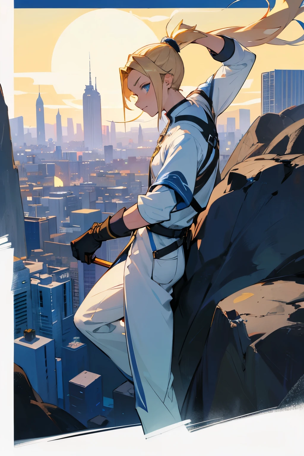 avatar,ponytail, white shirt, young male, blue eyes, moon, blonde hair, rock terrain, city background, gloves,