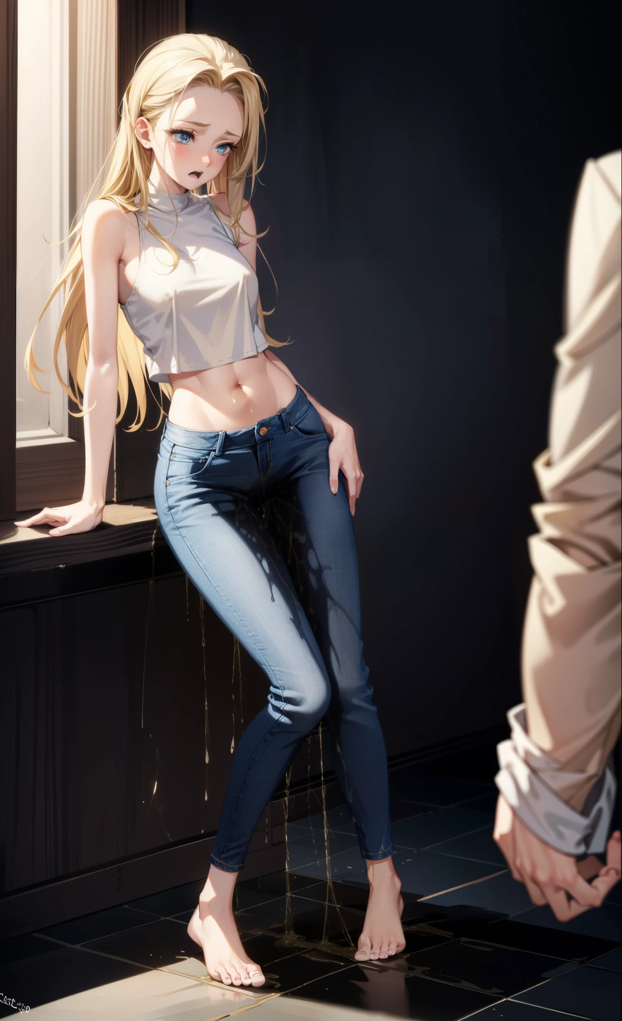 (masterpiece,best quality,high resolution,Beautiful detailed eyes),((blue jeans)),white ((bra)),standing,shy posture,barefeet,navel,bathroom,squat toilet,looking at viewer,((full body)),((((((pee stain)))))),blush,worried,mouth open,cynthia \(pokemon\),hair over one eye,hair ornament