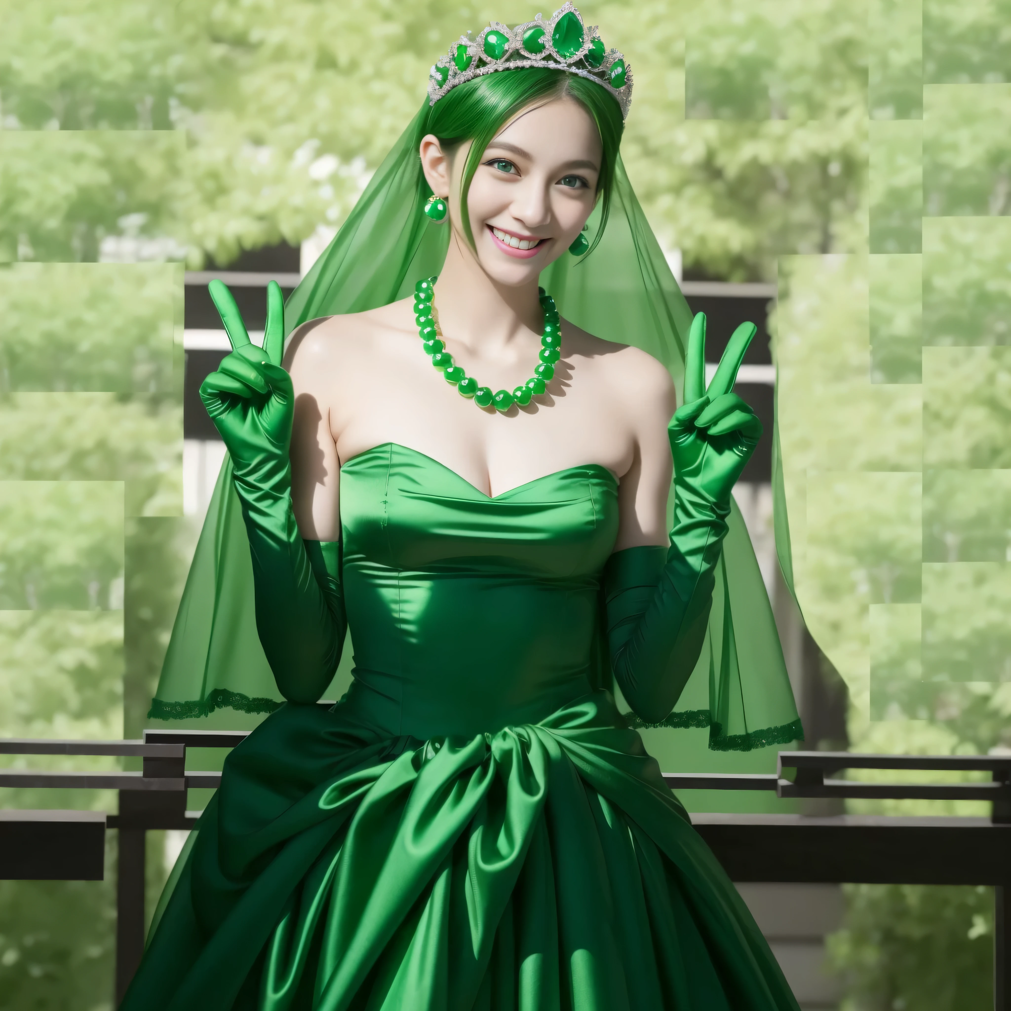 emerald tiara, Green Pearl Necklace, Boyish green berry short hair, lipstick, Smiling Japan woman, very short hair, big breasts beautiful, green eyes, Green long gloves made of satin material, green eyes, v sign, emerald earrings, green gloss
