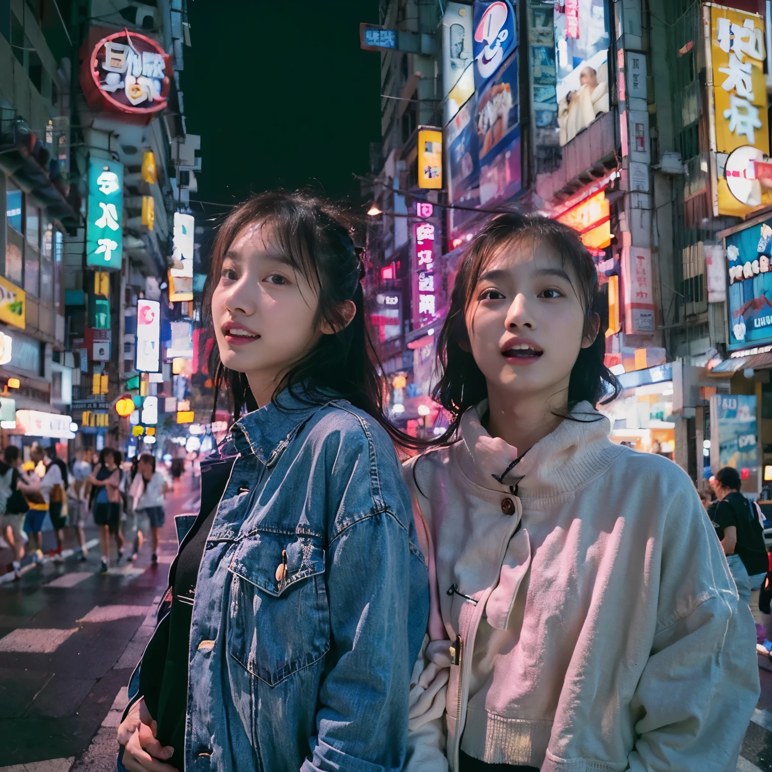 identical twin sisters、close-up、Tokyo street、cityscape、night cityscape、neon street、full body esbian、Close-up、laughter、、(8k、Raw photo、highest quality、masterpiece:1.2)、(realistic、Photo realistic:1.37)、Highly detailed eyelash drawing、(((best image quality))),  (perfection Anatomy), (realistic), (dynamic angle), seductive pose,perfection, look、highest quality、High resolution、thin legs、Toyoko、Shinjuku、kabukicho