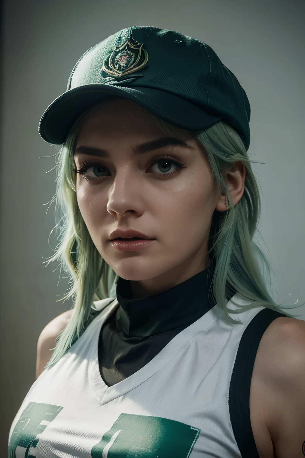 Ela оперативник Rainbow Six Siege, an angry expression, sea green hair ends, in a cap