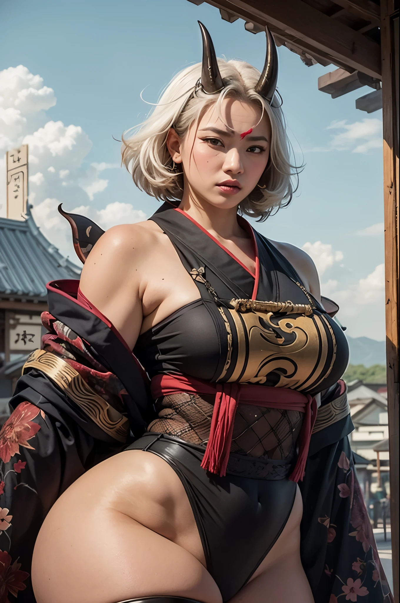 beautiful asian oni female warrior, wearing short fall off shoulders kimono and fishnet bodysuit beneath , with thick curvy mature body yet muscular, long and voluminous white hair blown by the wind, 2 long oni horns, reddish fair skin , perfect face features expressive eyes , thick lips,