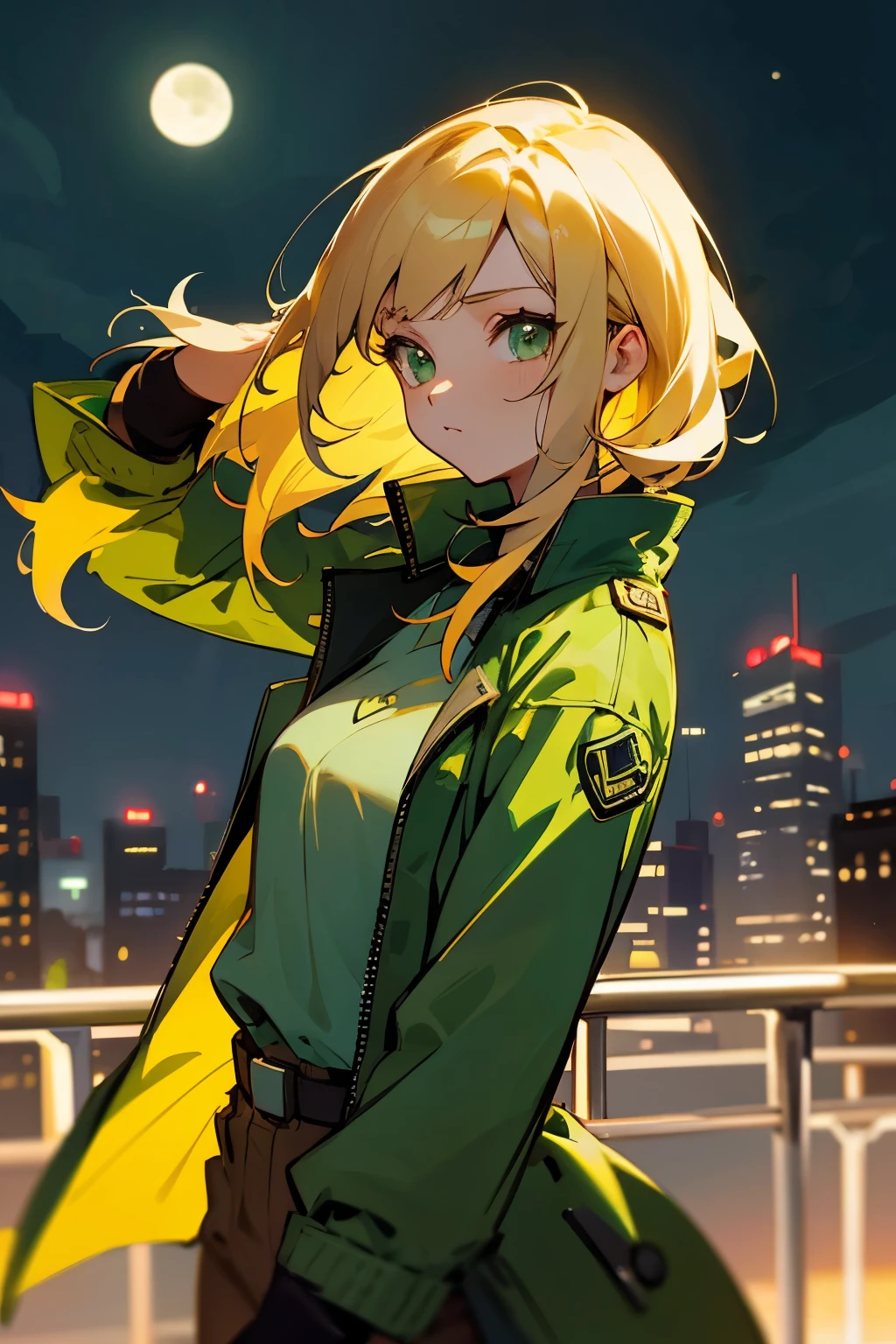 avatar,medium length hair, green shirt,green jacket, young female, hazel eyes, moon, blonde hair, city background, gloves