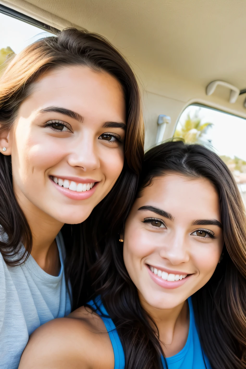 two attractive young women, posing for selfie and smiling towards camera whilst touring realistic, detailed