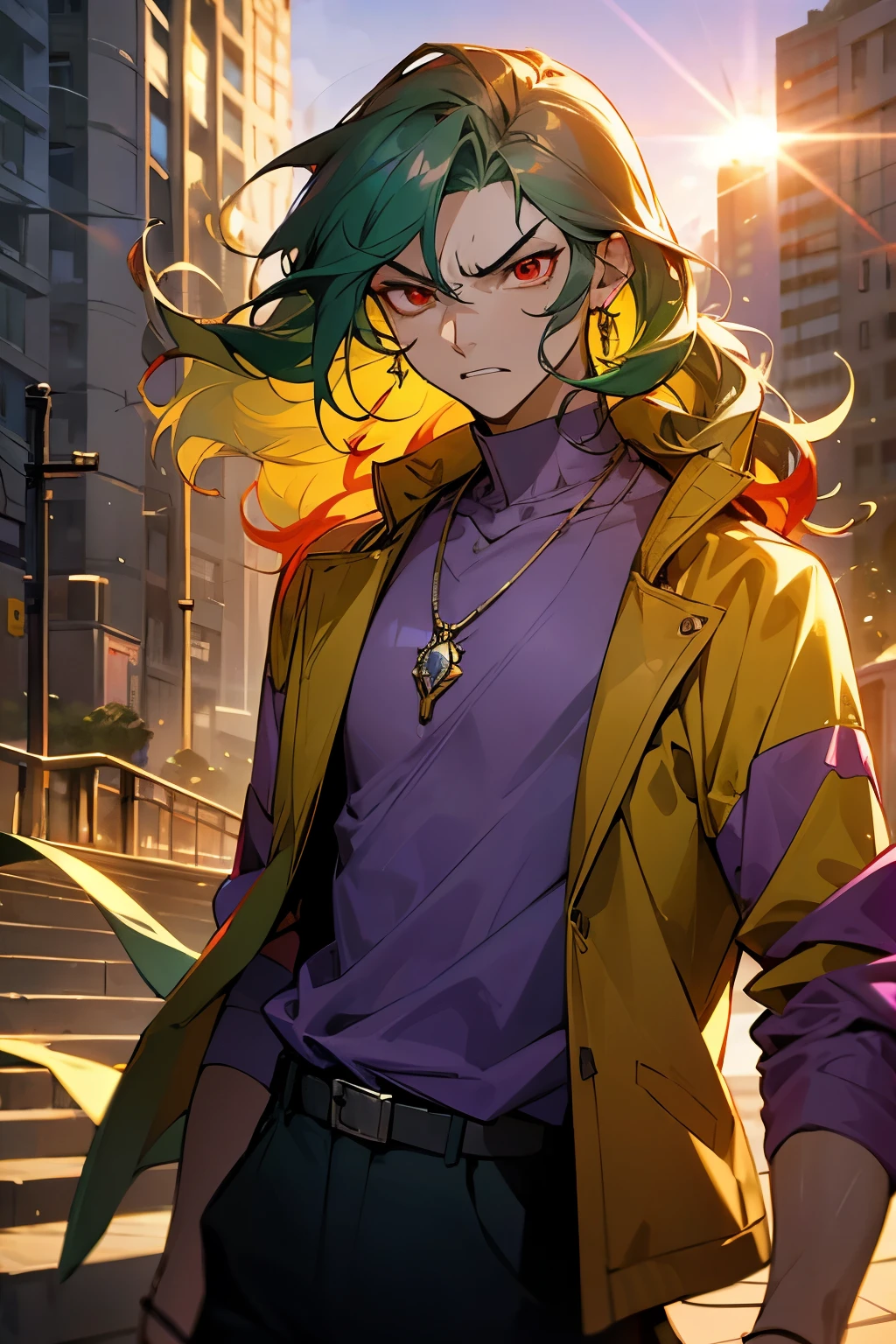 avatar,wavy hair, silver necklace, purple shirt,yellow jacket, earrings, young male, angry, red eyes, sunlight, green hair , city background