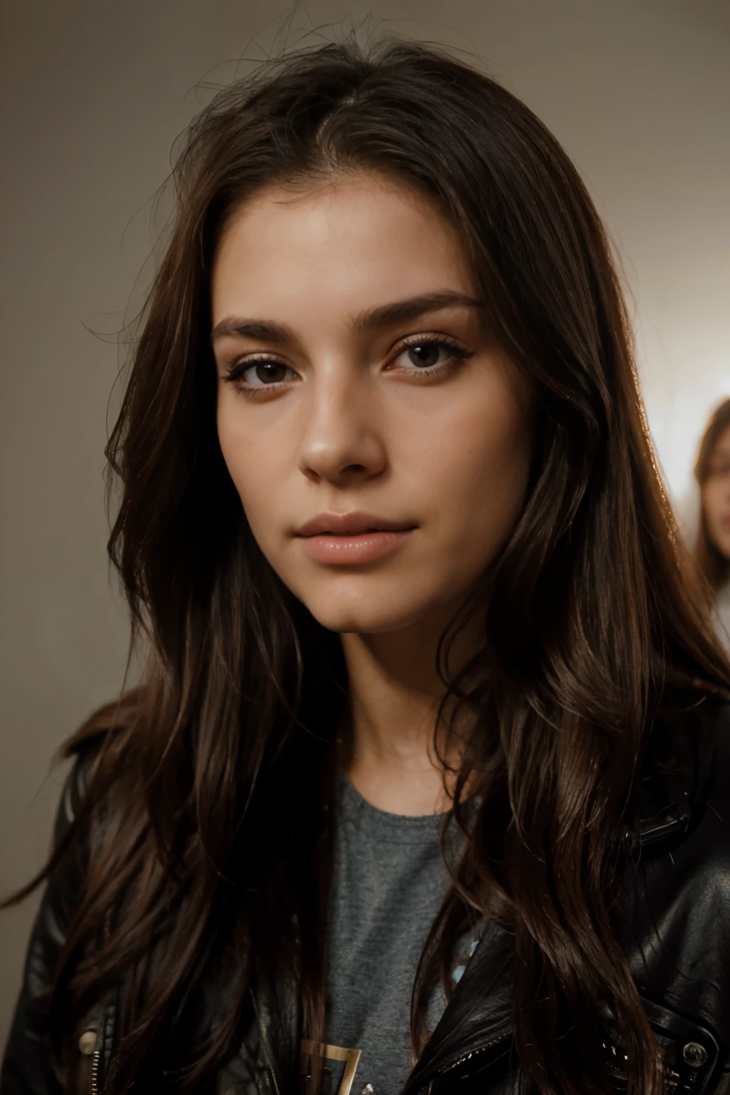 woman with long hair and a leather jacket posing for a picture, soft portrait shot 8 k, cinematic headshot portrait, portrait of a beautiful model, young woman's face, close up face portrait, closeup headshot portrait, close-up perfect face, Isabella Alessandra Ricci, gorgeous face portrait, close up face female portrait, medium close up portrait