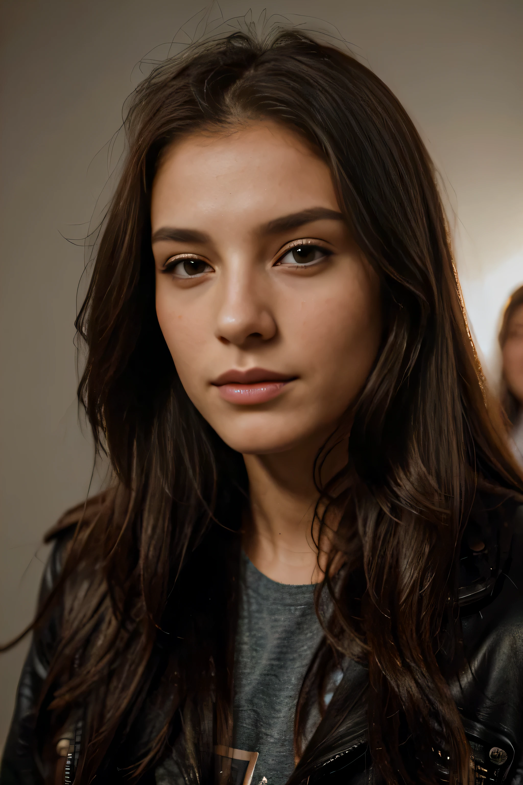woman with long hair and a leather jacket posing for a picture, soft portrait shot 8 k, cinematic headshot portrait, portrait of a beautiful model, young woman's face, close up face portrait, closeup headshot portrait, close-up perfect face, Isabella Alessandra Ricci, gorgeous face portrait, close up face female portrait, medium close up portrait