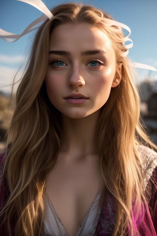 Sansa Stark, soaring female figure made of ribbons, smoke, in the sky, colorful and bright, mystical colors, modern impressionism, iridescent painting, 3/4 perspective view, cute face, low angle, wide swirling composition, big beautiful crystal eyes, large iris, UHD, HDR, 8K, (Masterpiece: 1. 5), (World's most beautiful portrait: 1.5)