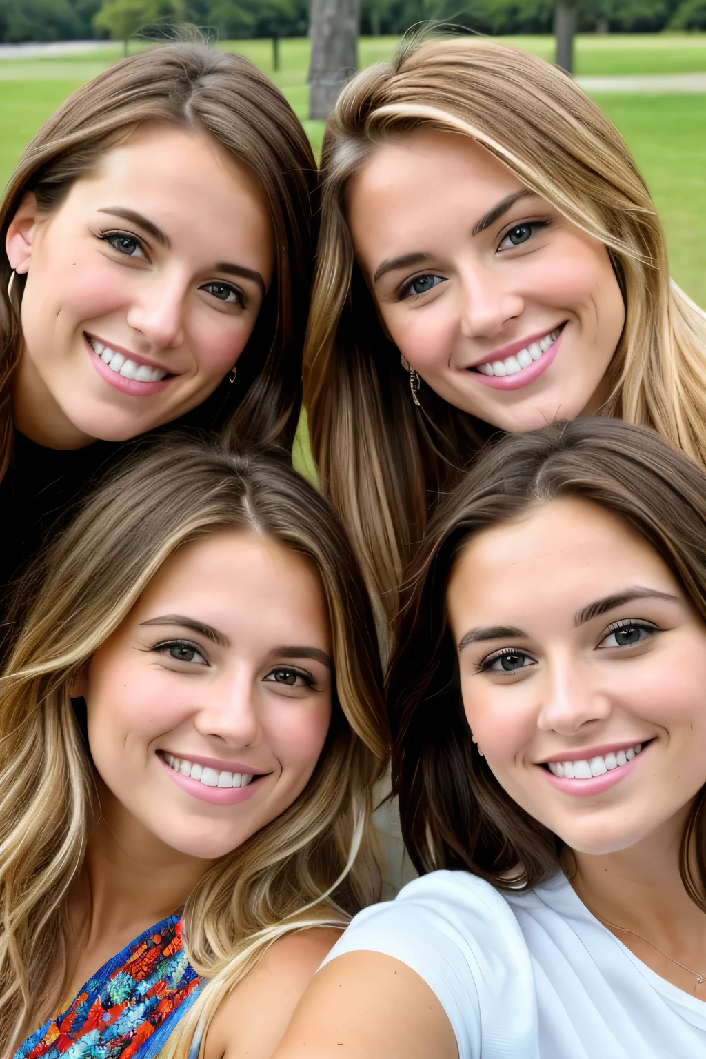 two attractive young women, a blonde and a brown haired posing for selfie and smiling towards camera whilst touring realistic, detailed