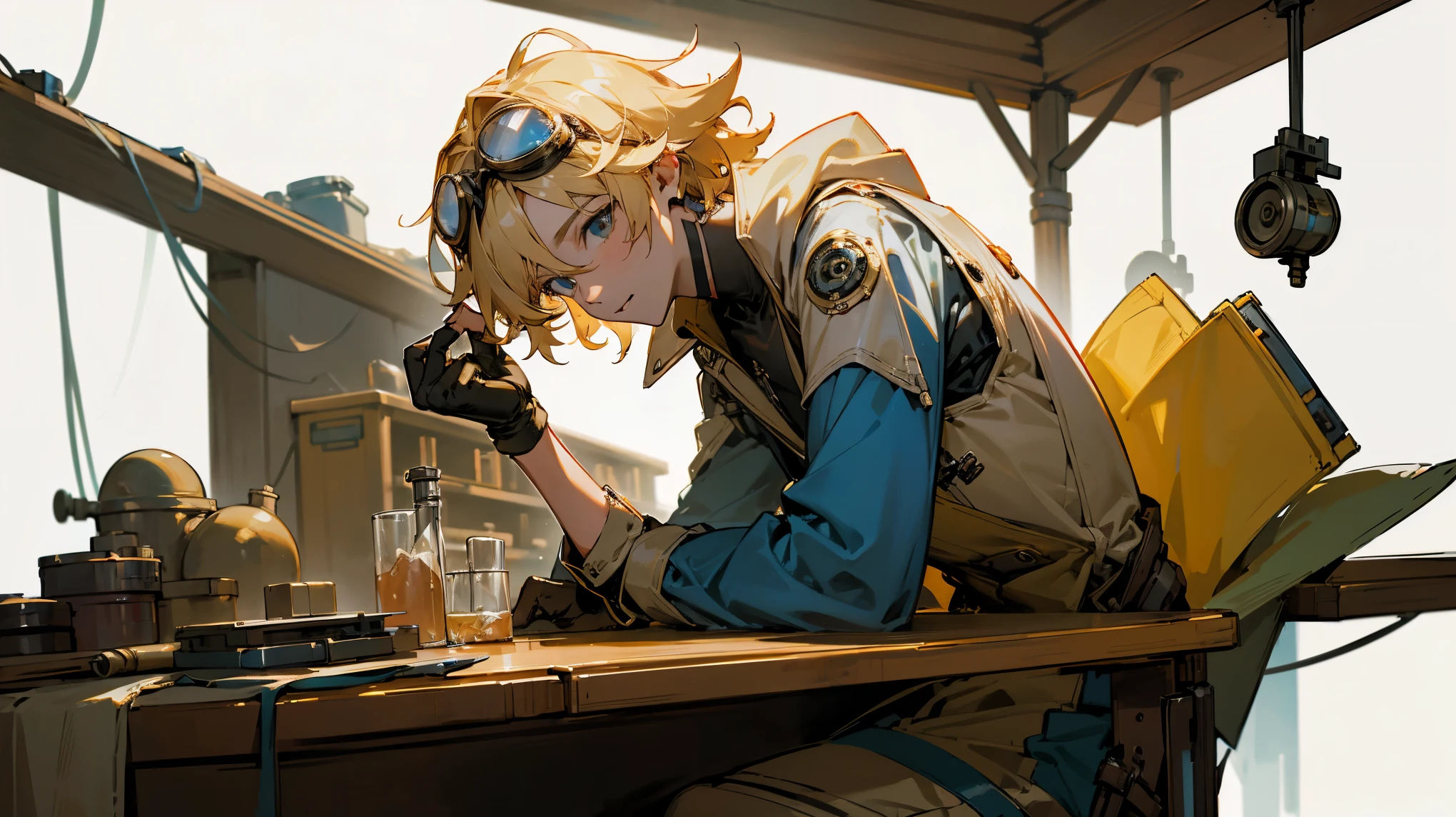 1male, young, inventory, sitting at table tinkering, gadgets, laboratory background, detailed background, blonde hair, gadget goggles on