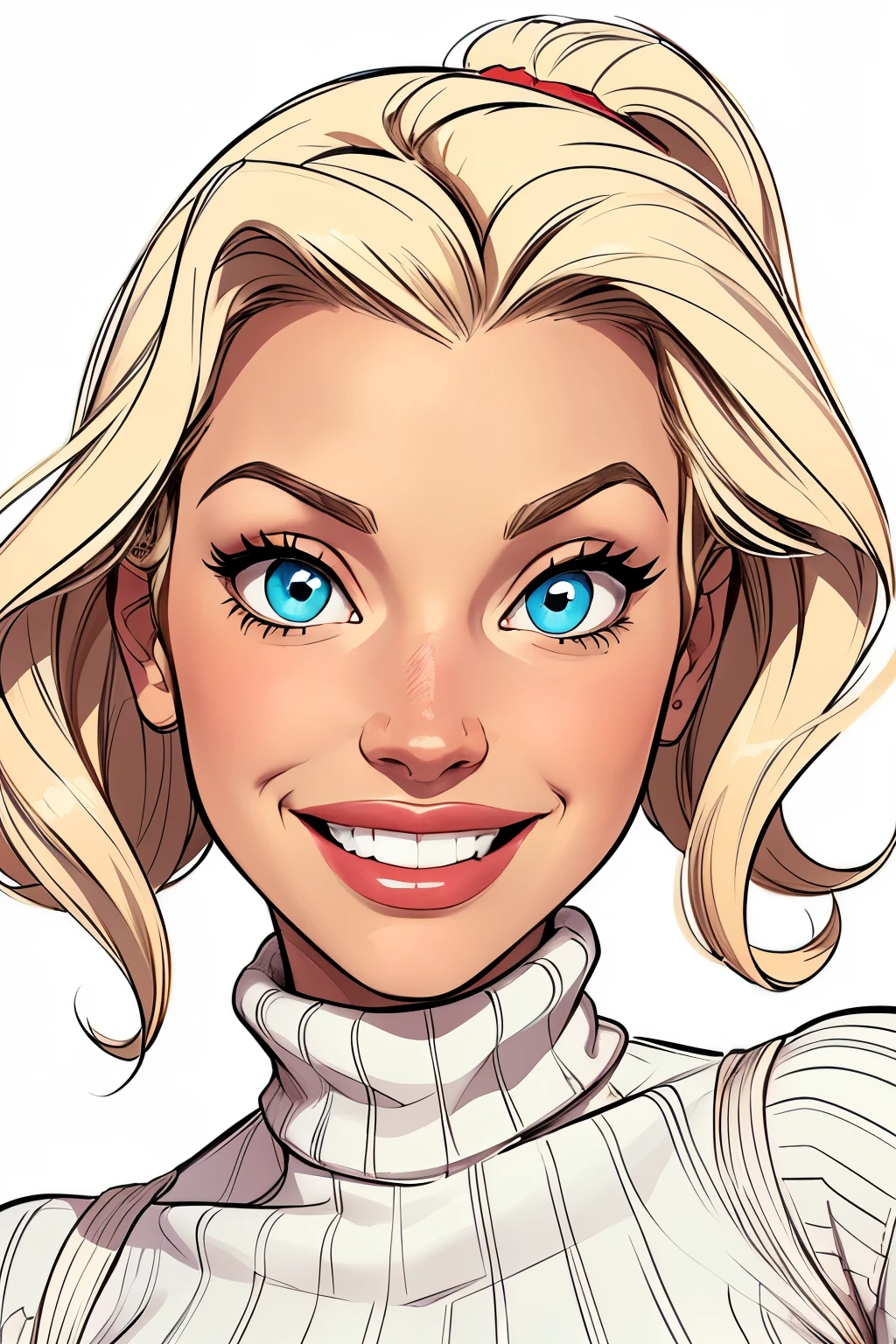 (cartoon style:1.2), Drawings of ([Jessica Simpson|Jennifer lawrance]), wearing a baggy turtleneck sweater, A big smile, perfect eyes, detailed face, party background, fun posing, flirty look, simply white background 