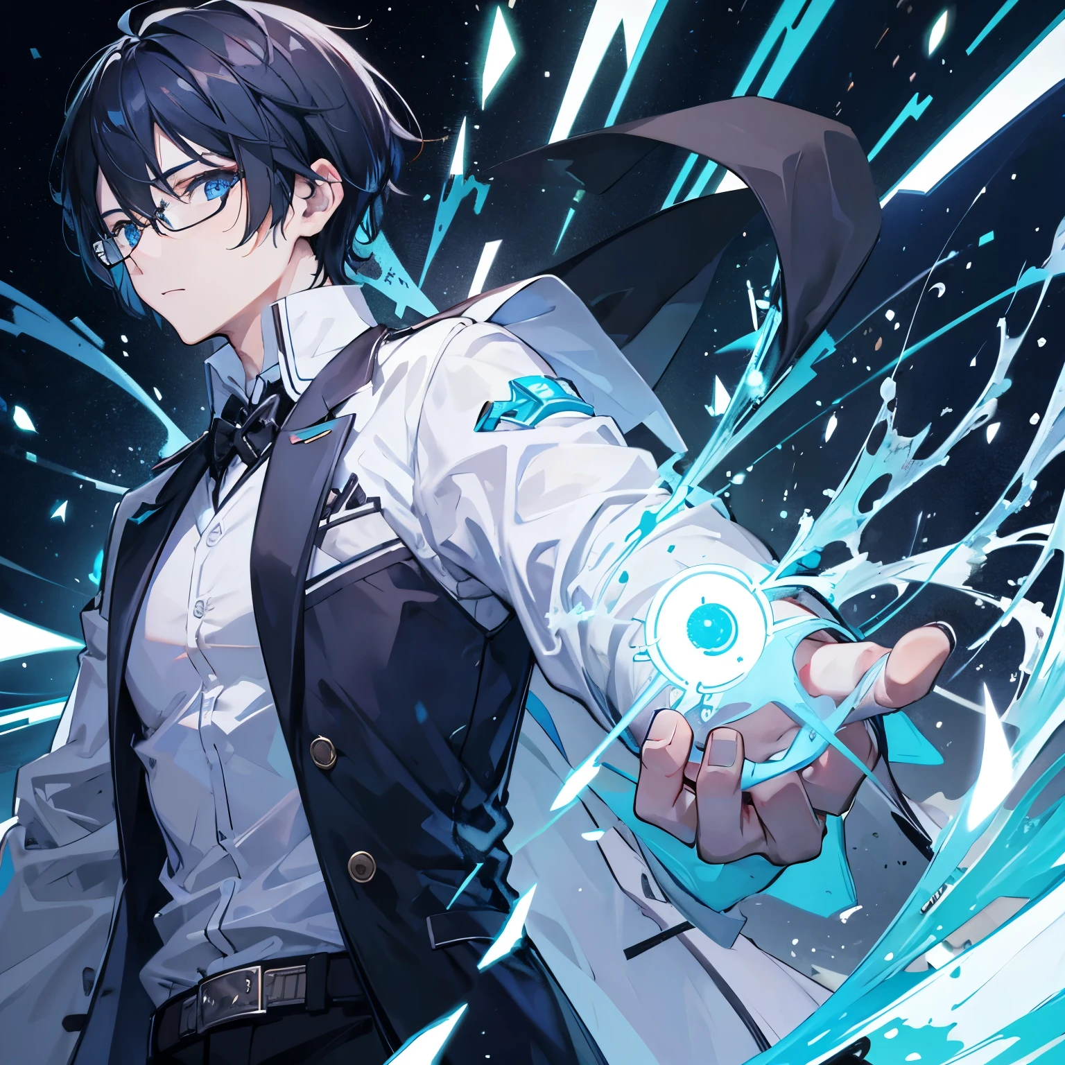 Blue-eyed black-haired man with glasses and scientist clothes 