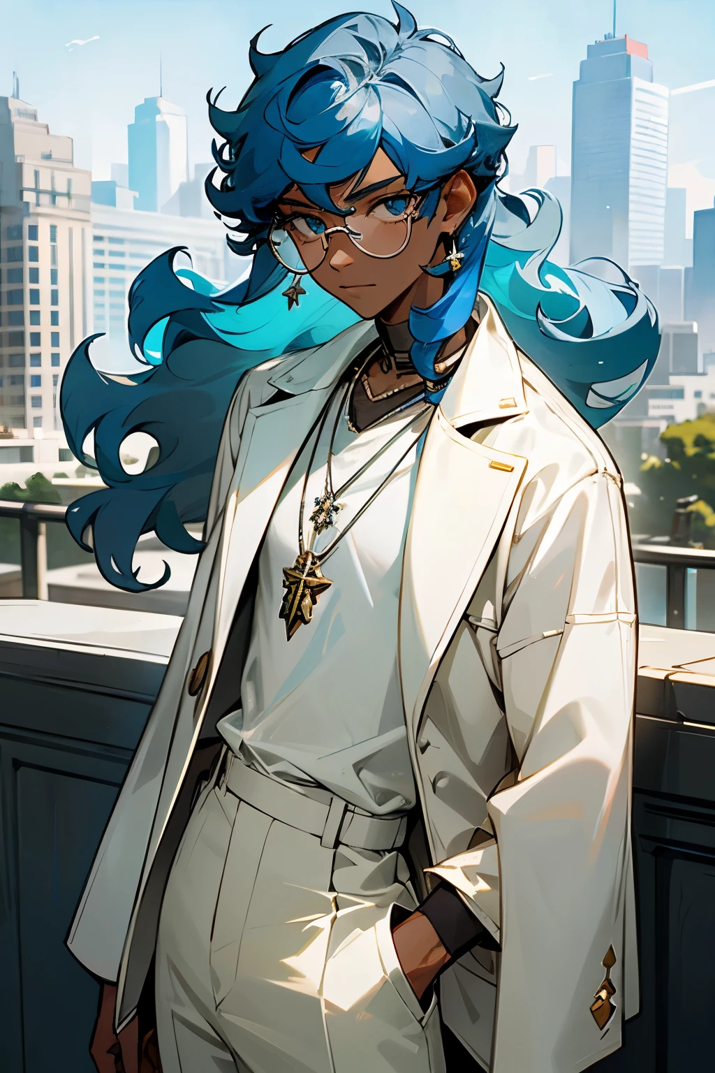 avatar,curly hair, silver necklace,white docter jacket, earrings, young male, sunlight, blue hair , city background, glasses, dark skin