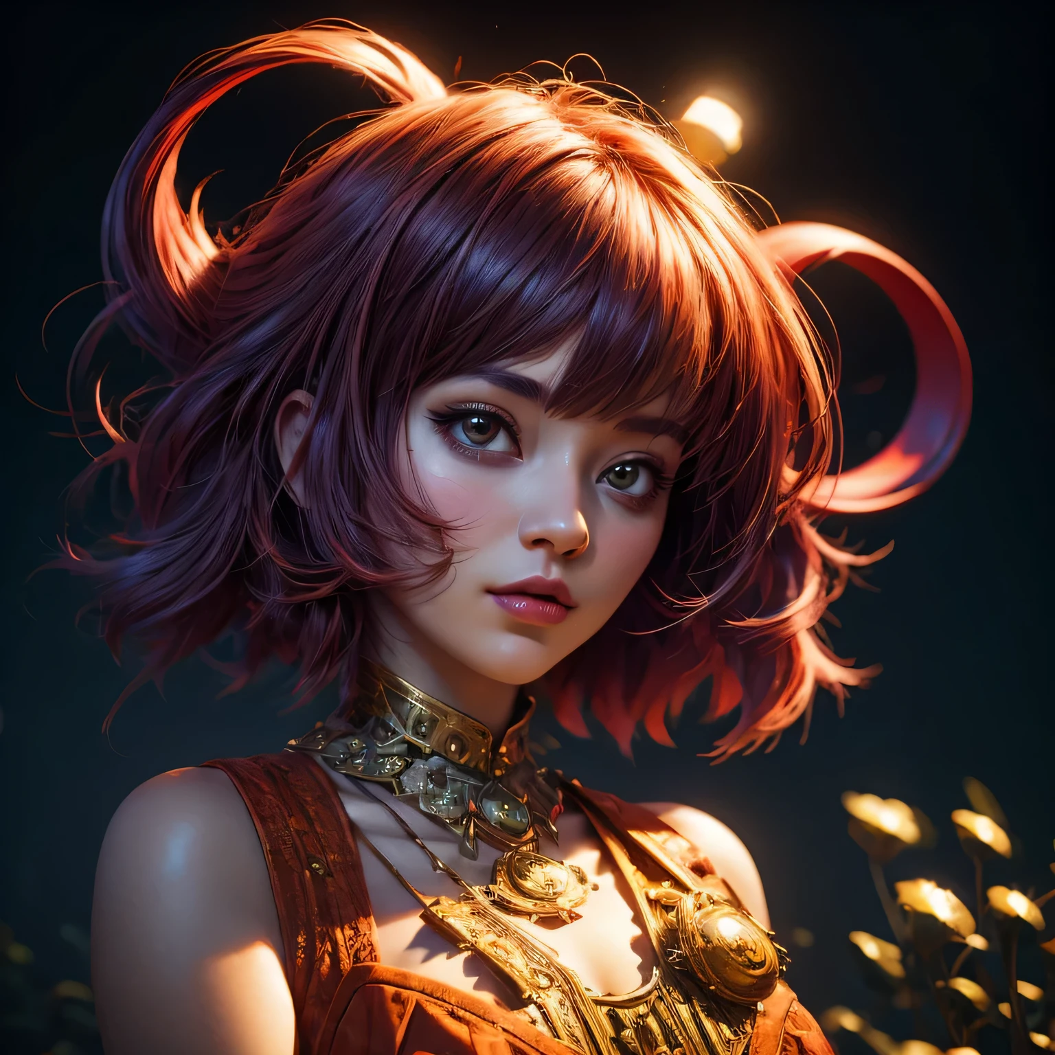 A woman with a red hair and a gold necklace - SeaArt AI