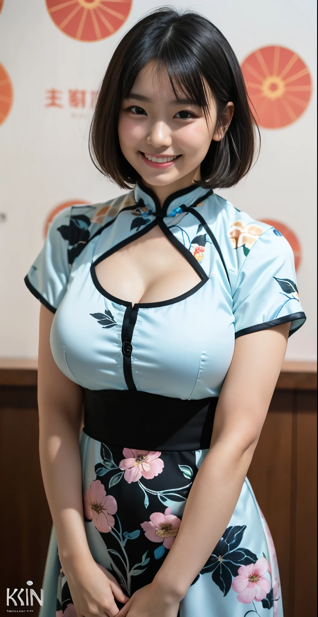 （8k、Raw photography、highest quality、masterpiece：1.2),(black haired、very short hair:1.8),(twin mitsu braid:1.4)、show viewer,Looking at the front,erotic,白いskin,(She is wearing a brightly colored Chinese dress with a floral pattern.。.:1.7)、()、(Clothing that emphasizes the shape of your chest、publish one&#39;skin:1.8)、(big breasts :1.4)、slim body shape、ultra high resolution,beautiful,beautiful fece,(alone、no background:1.9),whole bodyボディー,japanese woman,（Photoreal：1.37）、photon mapping,reality、(Baby-faced and cute: 1.0)、(cute smile: 1.7)、(With a round face: 1.7)、radio city、Physically based rendering、depth of field rally background、photograph, (I can see your knees,close up of thighs:1.5),whole body、super fine