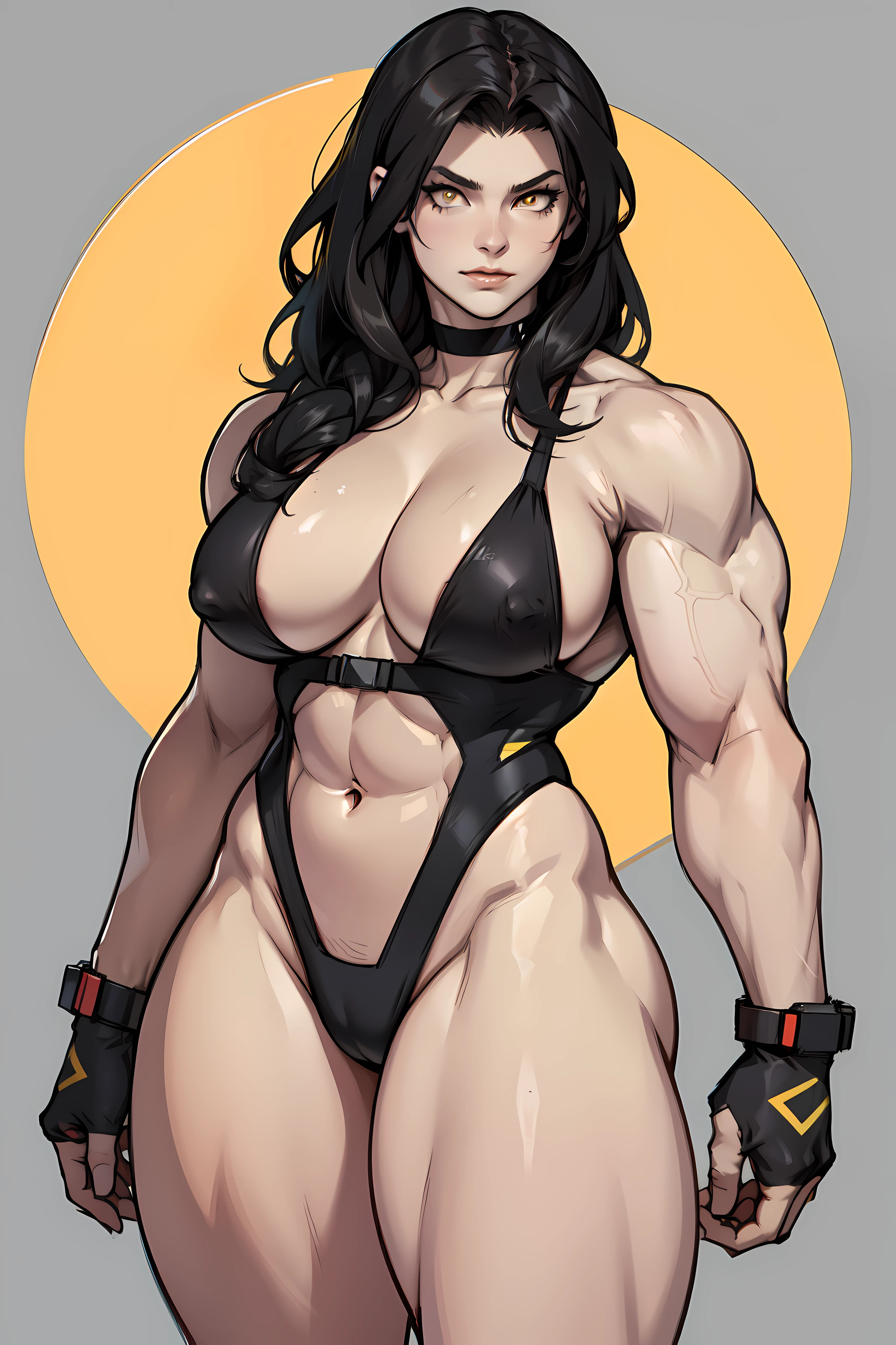 (1girl) pale skin huge breasts muscular toned body thick thighs black hair yellow eyes (swimsuit long hair grey background) bodybuilder
