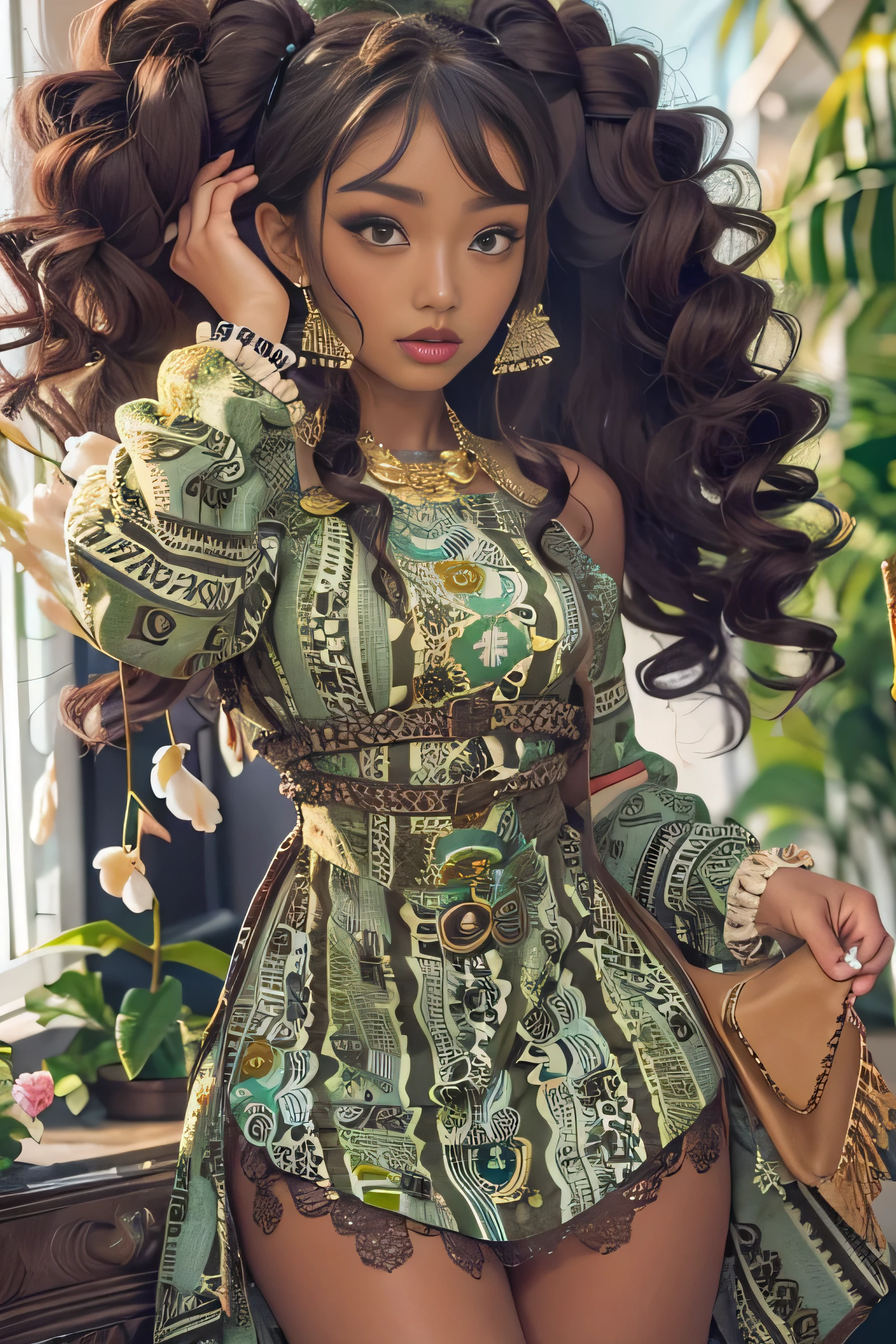 masterpiece, best quality, 1 girl, solo, beautiful African mixed 19 year old, brown skin female, long, frizzy, curly black hair, perfect face, half body, long hair, melanin